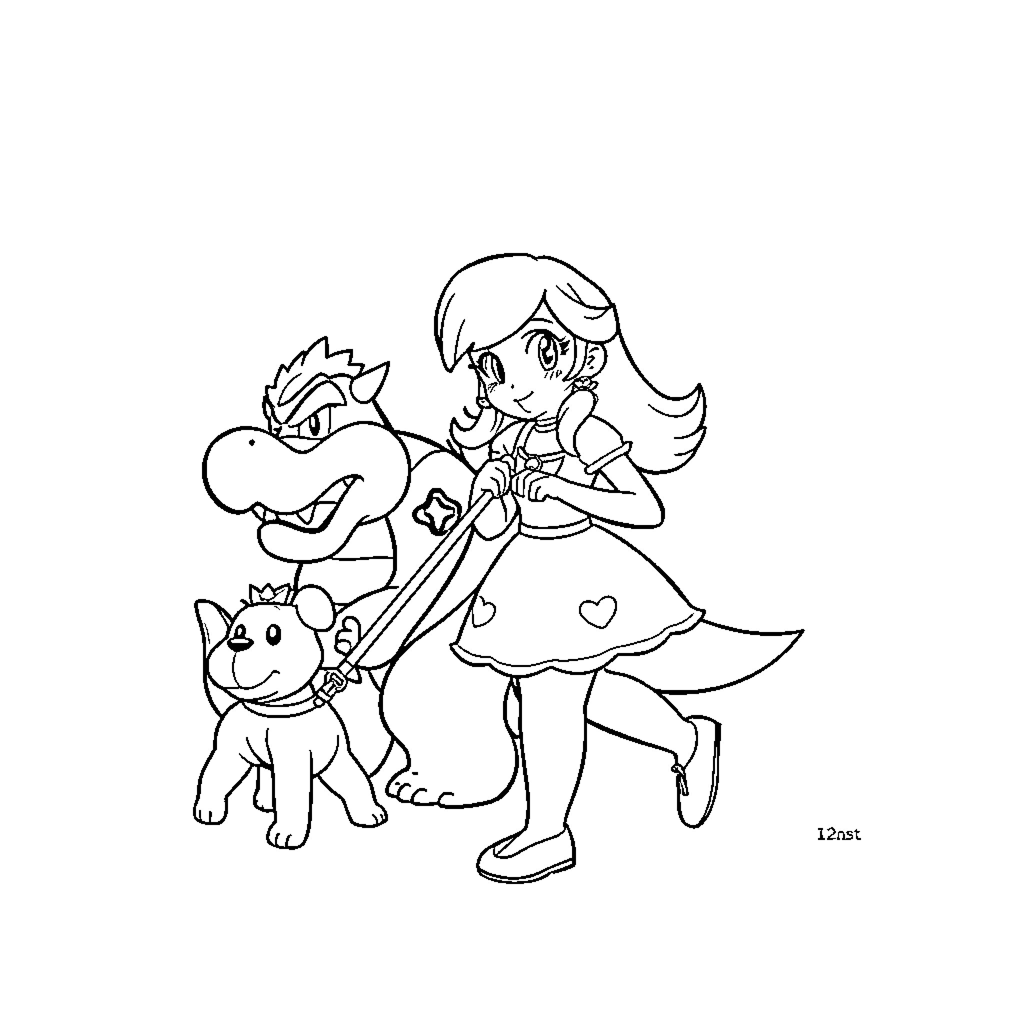 Princess and her Loyal Animal Companions Coloring Page (free black-and-white line drawing printable PDF for all, from beginners to advanced learners, including children, teens, adults, and seniors)