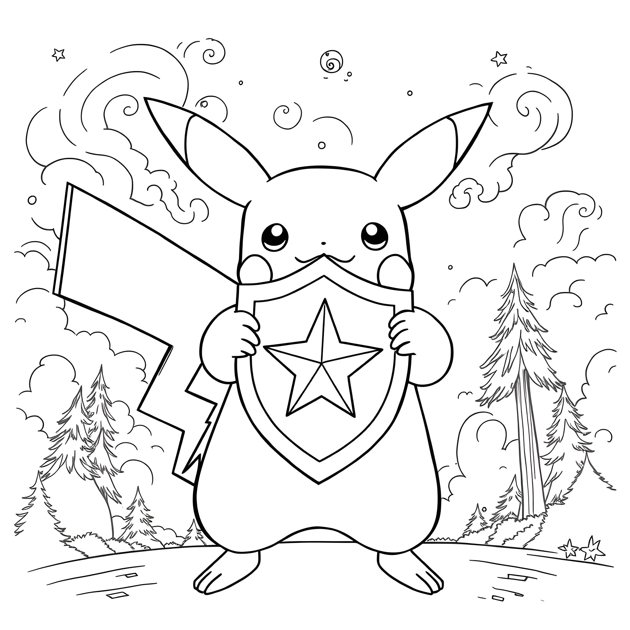 Pikachu holding a shining star in a winter forest Coloring Page (free black-and-white line drawing printable PDF for all, from beginners to advanced learners, including children, teens, adults, and seniors)