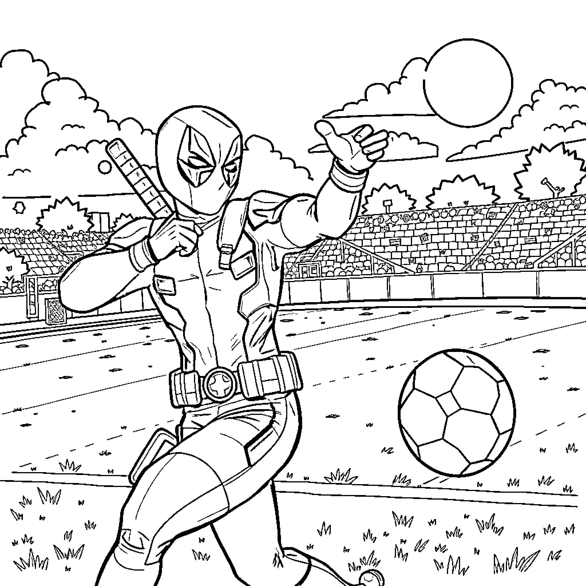 Deadpool's Playful Soccer Match Coloring Page (free black-and-white line drawing printable PDF for all, from beginners to advanced learners, including children, teens, adults, and seniors)
