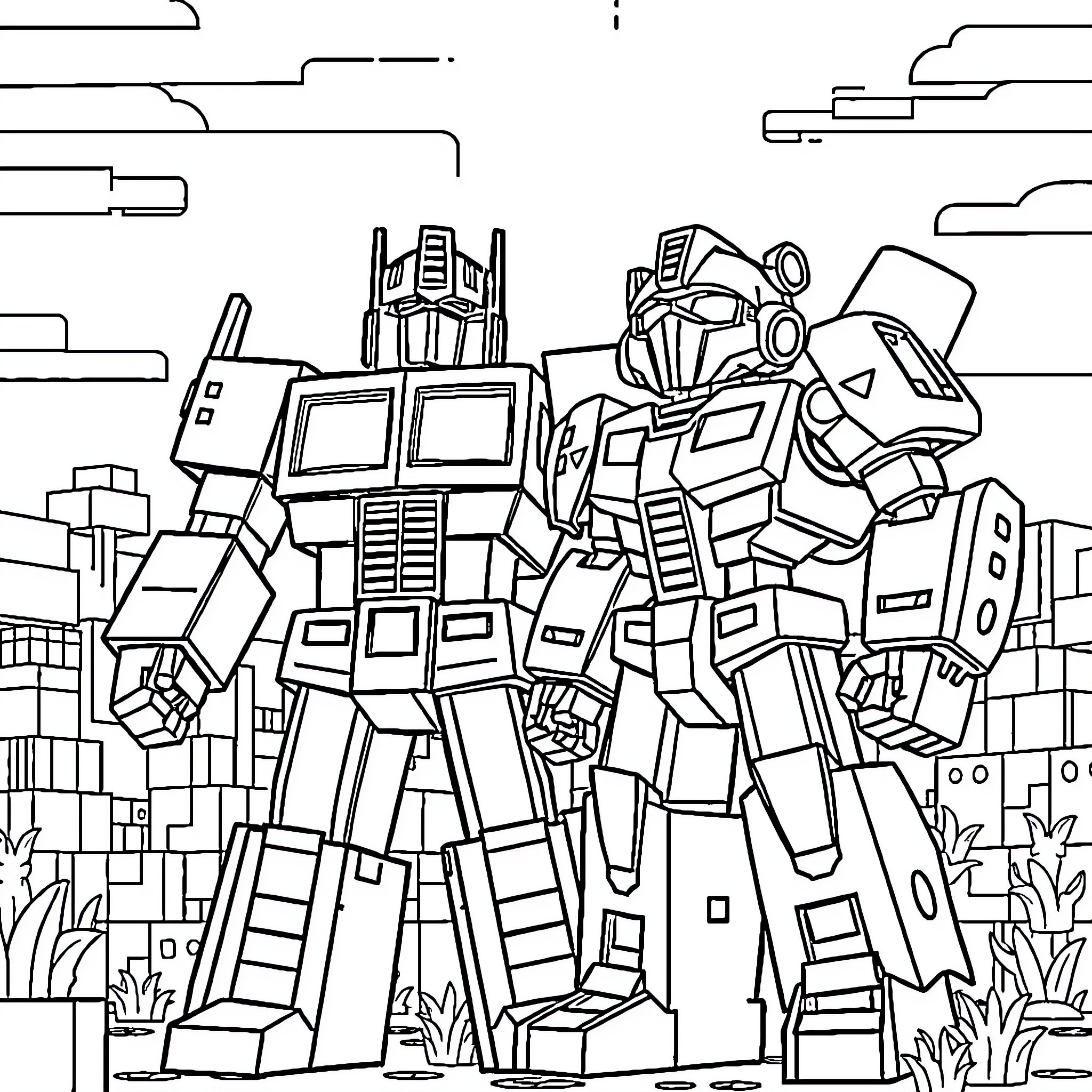 Optimus Prime standing tall in a futuristic city Coloring Page (free black-and-white line drawing printable PDF for all, from beginners to advanced learners, including children, teens, adults, and seniors)