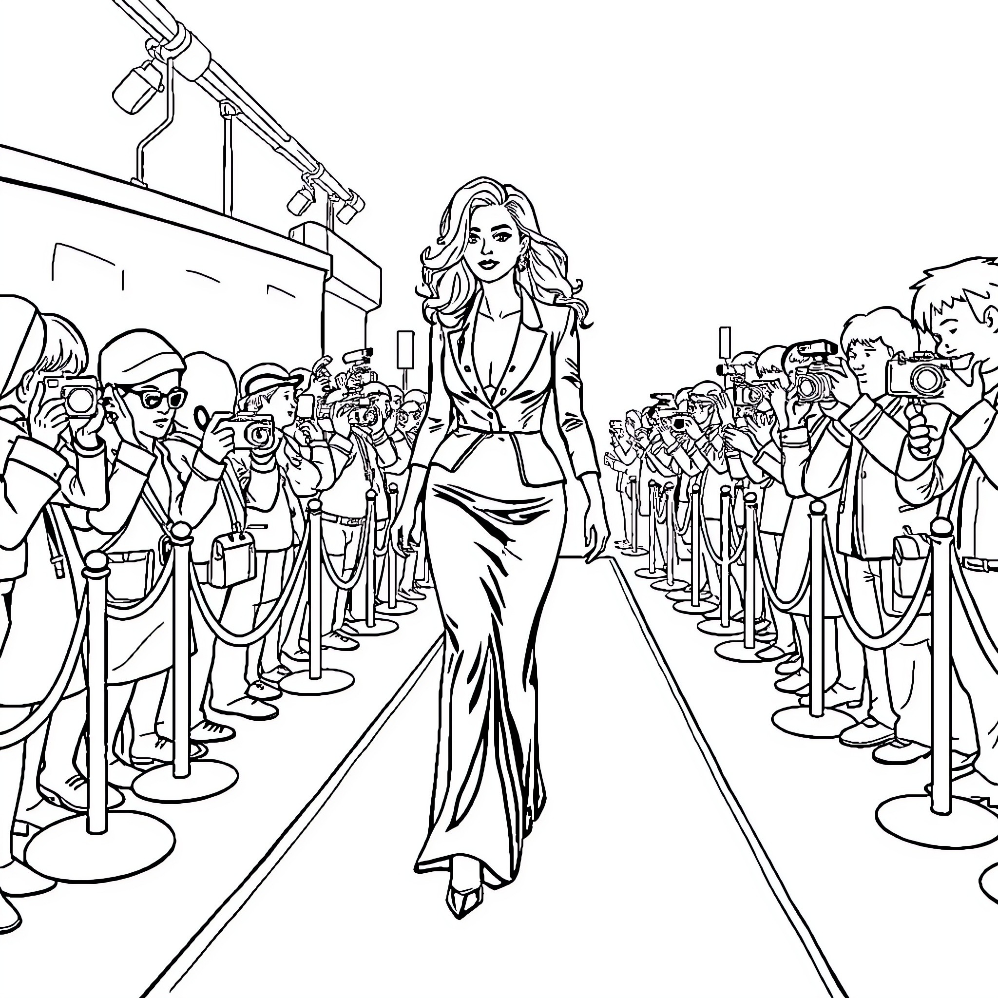 Star Struts Down the Red Carpet with Adoring Crowd Coloring Page (free black-and-white line drawing printable PDF for all, from beginners to advanced learners, including children, teens, adults, and seniors)