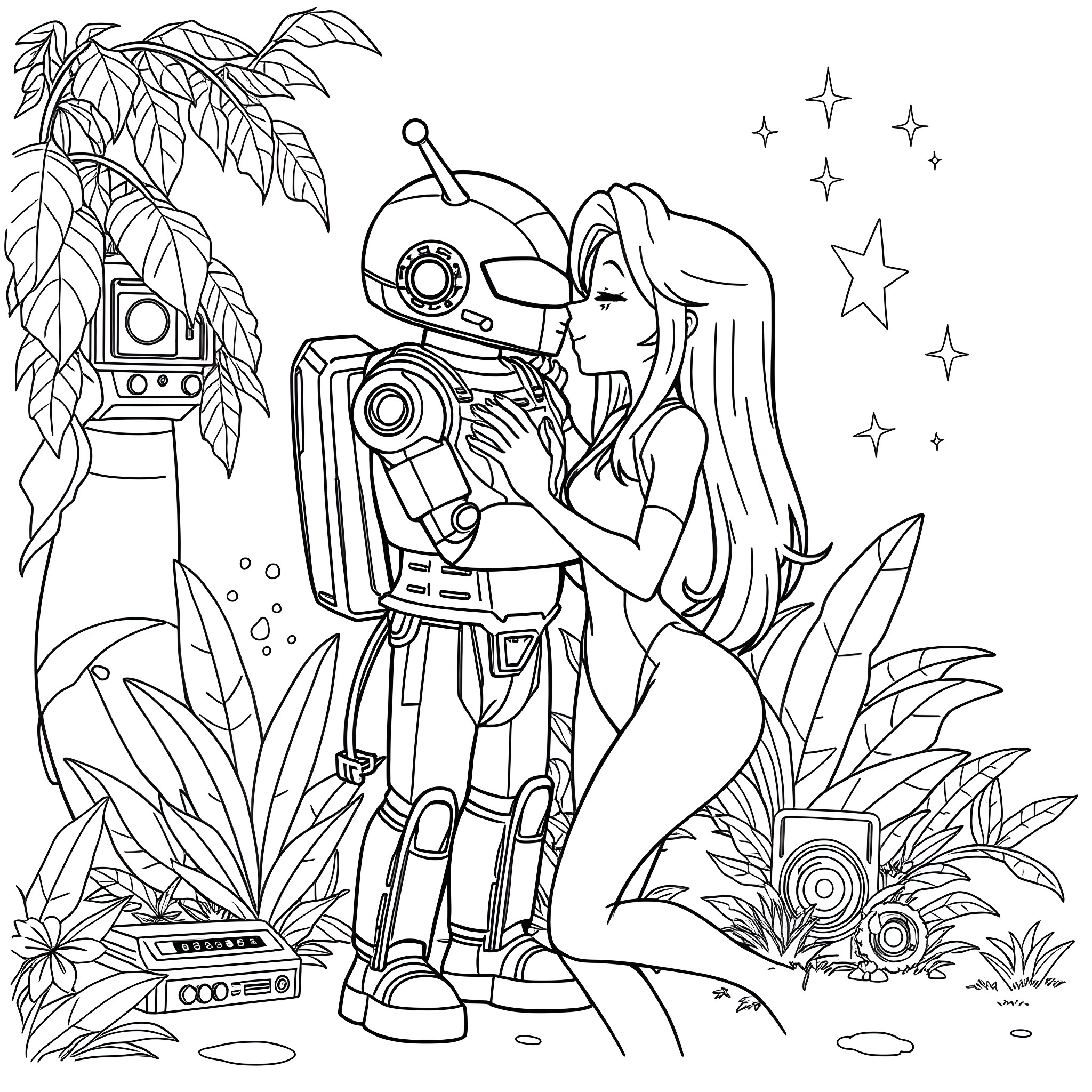 Android 18 exploring an alien world with a robot companion Coloring Page (free black-and-white line drawing printable PDF for all, from beginners to advanced learners, including children, teens, adults, and seniors)