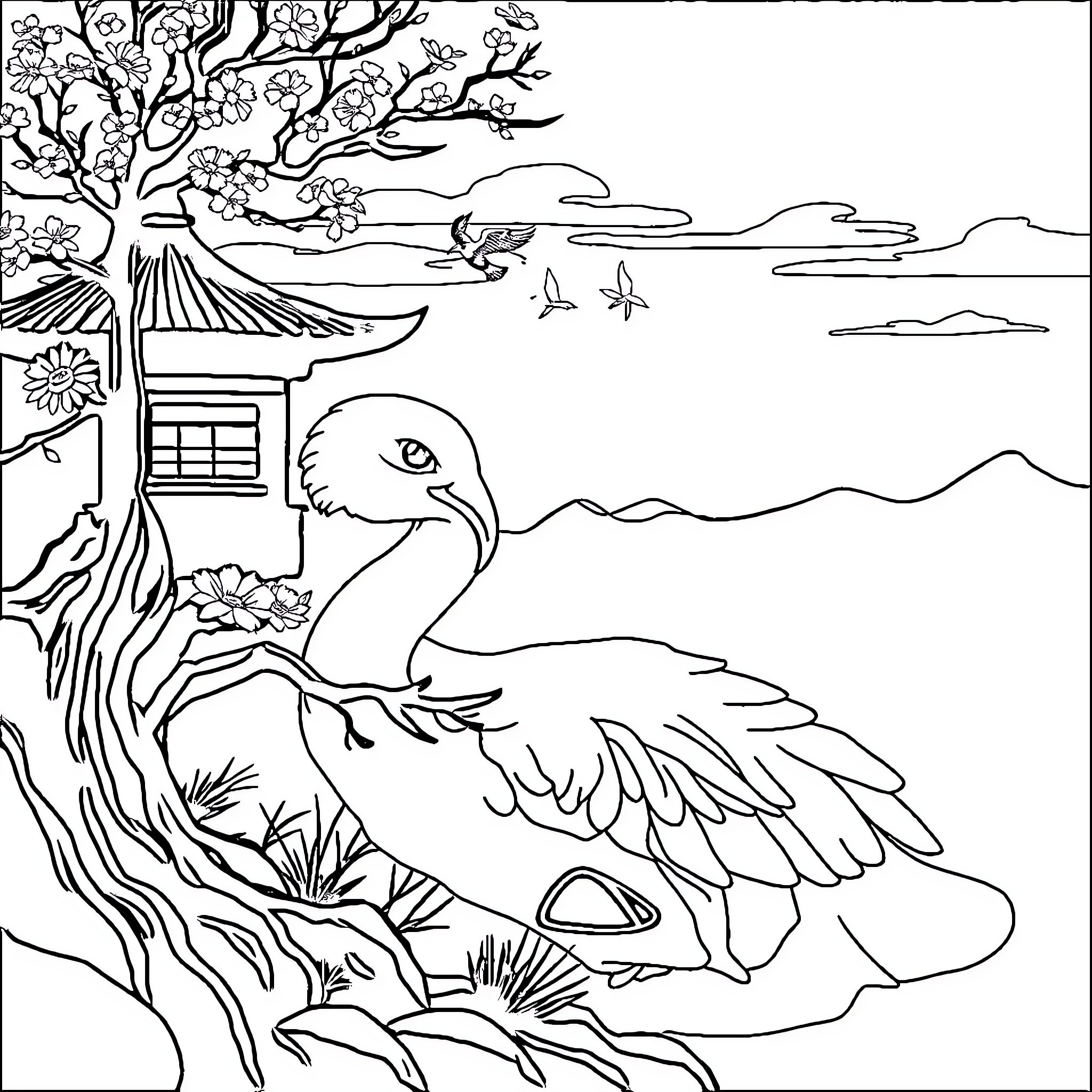 Transformers: Tranquil Japanese Landscape with Crane Coloring Page (free black-and-white line drawing printable PDF for all, from beginners to advanced learners, including children, teens, adults, and seniors)