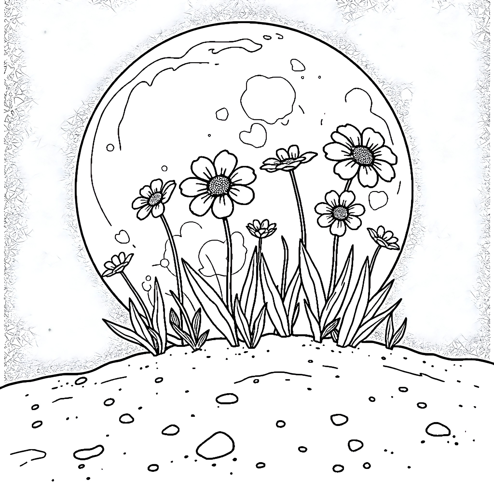 Flower Garden Beneath the Moonlight Coloring Page (free black-and-white line drawing printable PDF for all, from beginners to advanced learners, including children, teens, adults, and seniors)