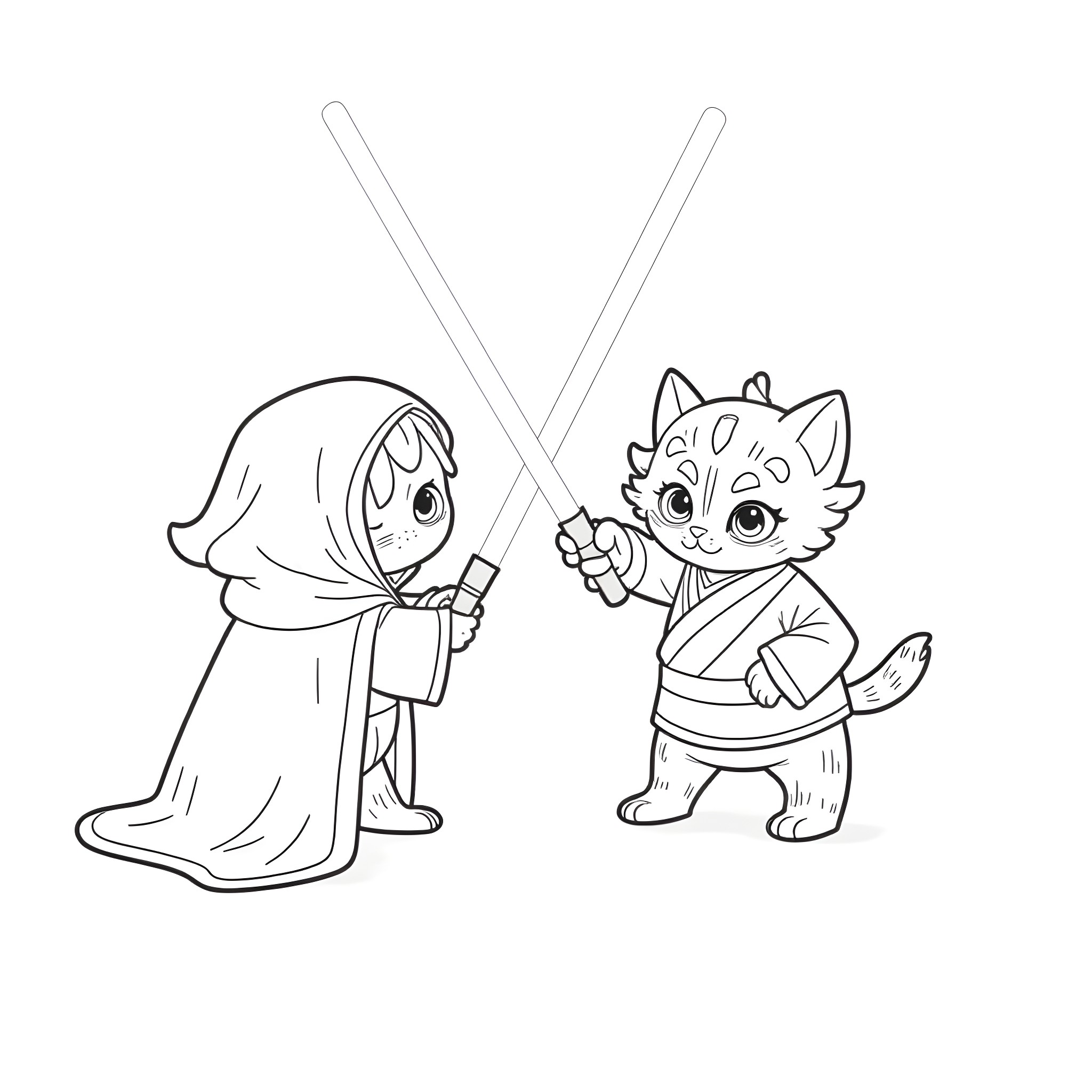 Kitty characters in Star Wars-inspired outfits Coloring Page (free black-and-white line drawing printable PDF for all, from beginners to advanced learners, including children, teens, adults, and seniors)