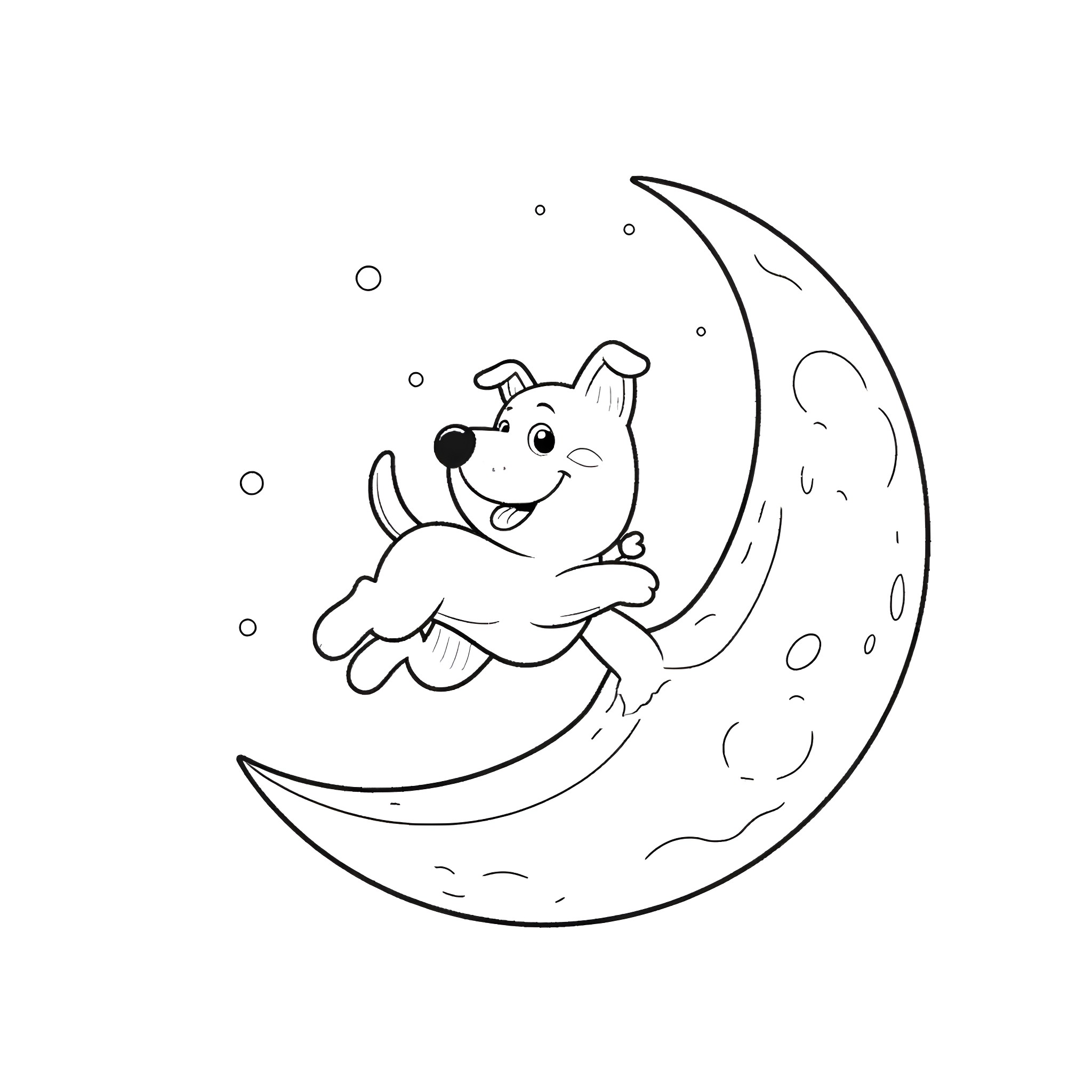 Dog relaxing on the crescent moon Coloring Page (free black-and-white line drawing printable PDF for all, from beginners to advanced learners, including children, teens, adults, and seniors)