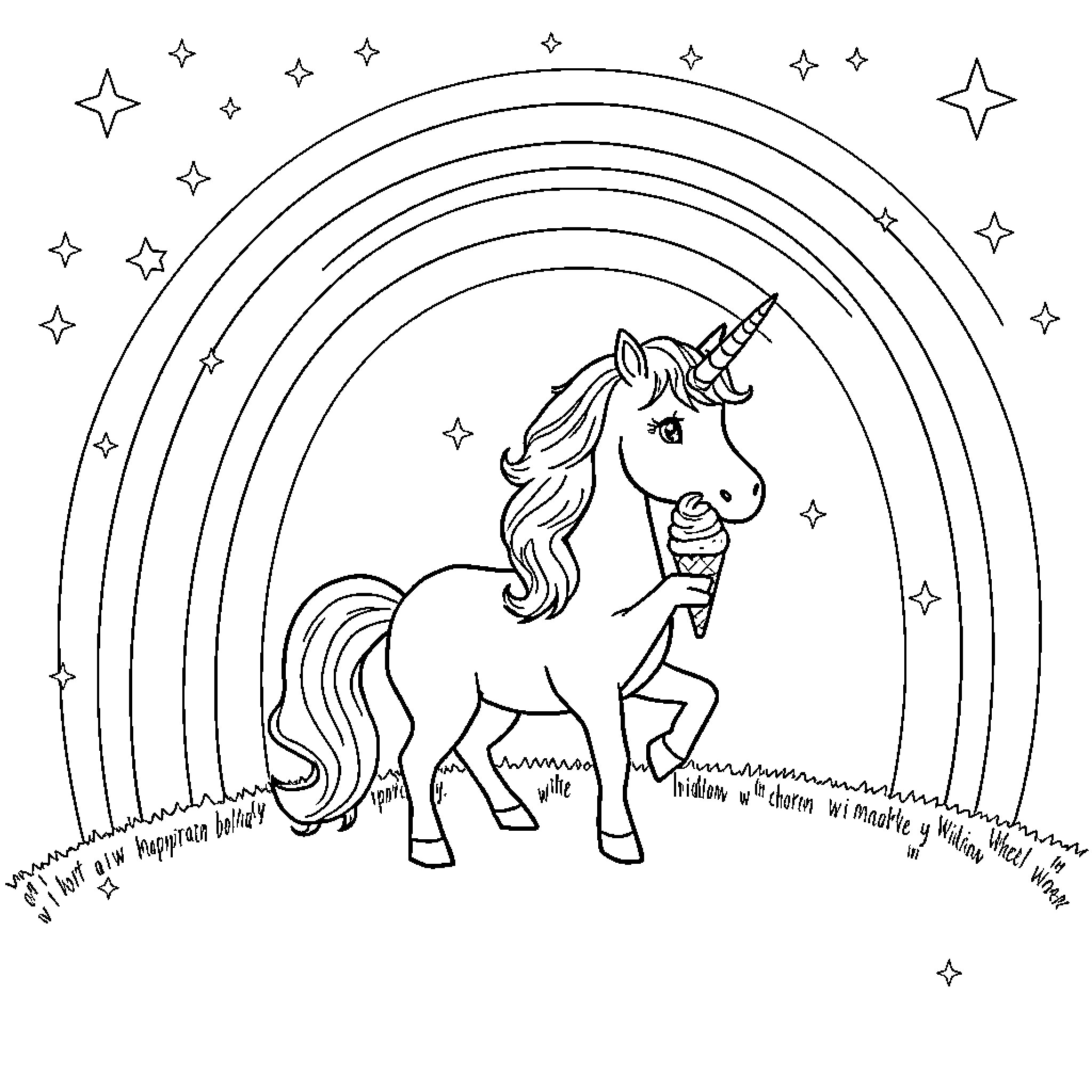 Unicorn enjoying an ice cream cone under a starry sky Coloring Page (free black-and-white line drawing printable PDF for all, from beginners to advanced learners, including children, teens, adults, and seniors)