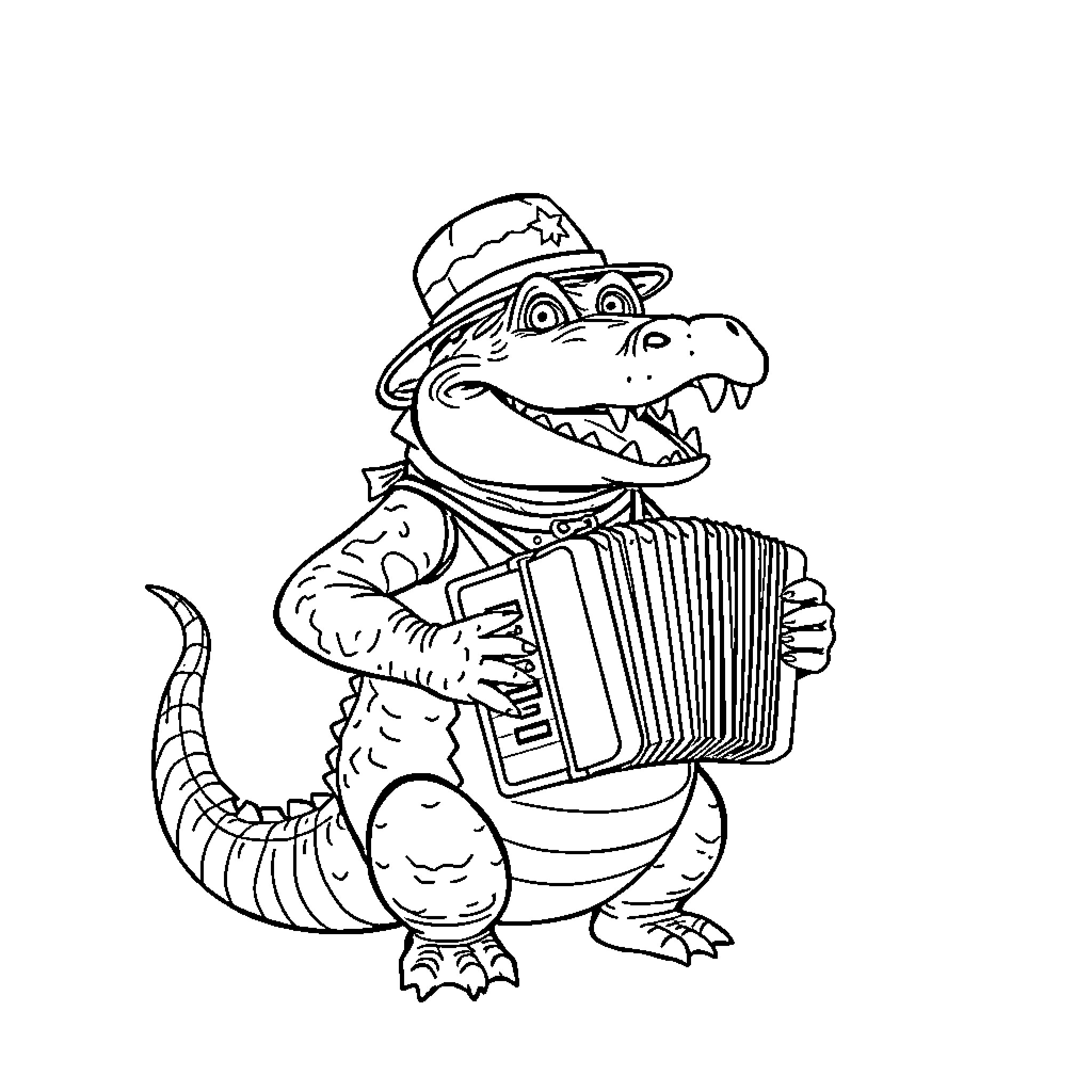 Alligator playing accordion in a hat Coloring Page (free black-and-white line drawing printable PDF for all, from beginners to advanced learners, including children, teens, adults, and seniors)