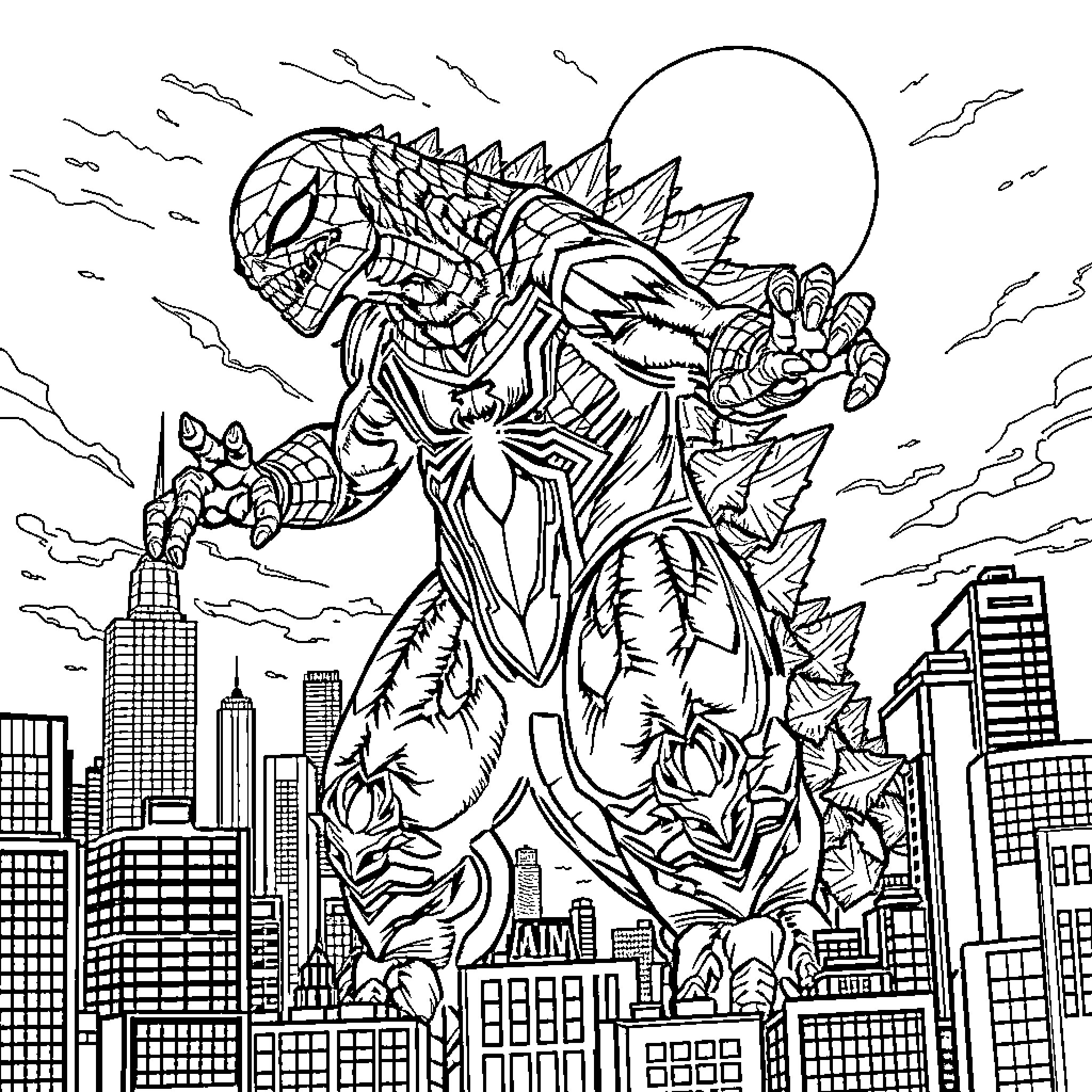 Siderman wreaking havoc in a bustling city Coloring Page (free black-and-white line drawing printable PDF for all, from beginners to advanced learners, including children, teens, adults, and seniors)