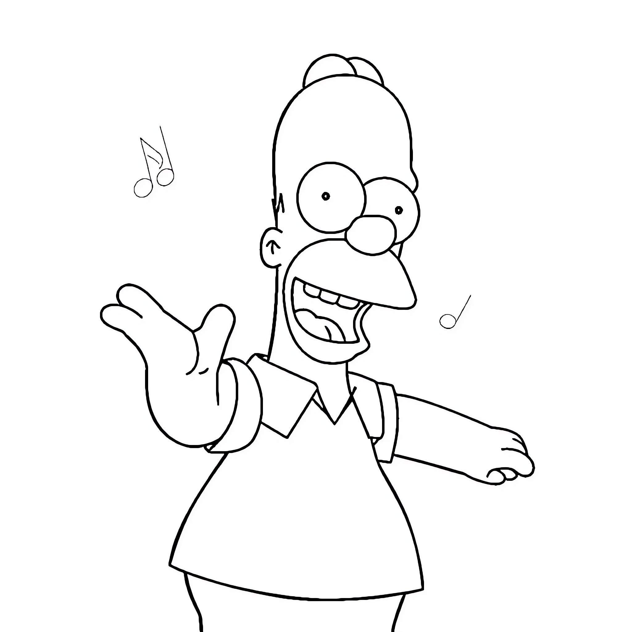Homer Simpson enjoying music with a smile Coloring Page (free black-and-white line drawing printable PDF for all, from beginners to advanced learners, including children, teens, adults, and seniors)