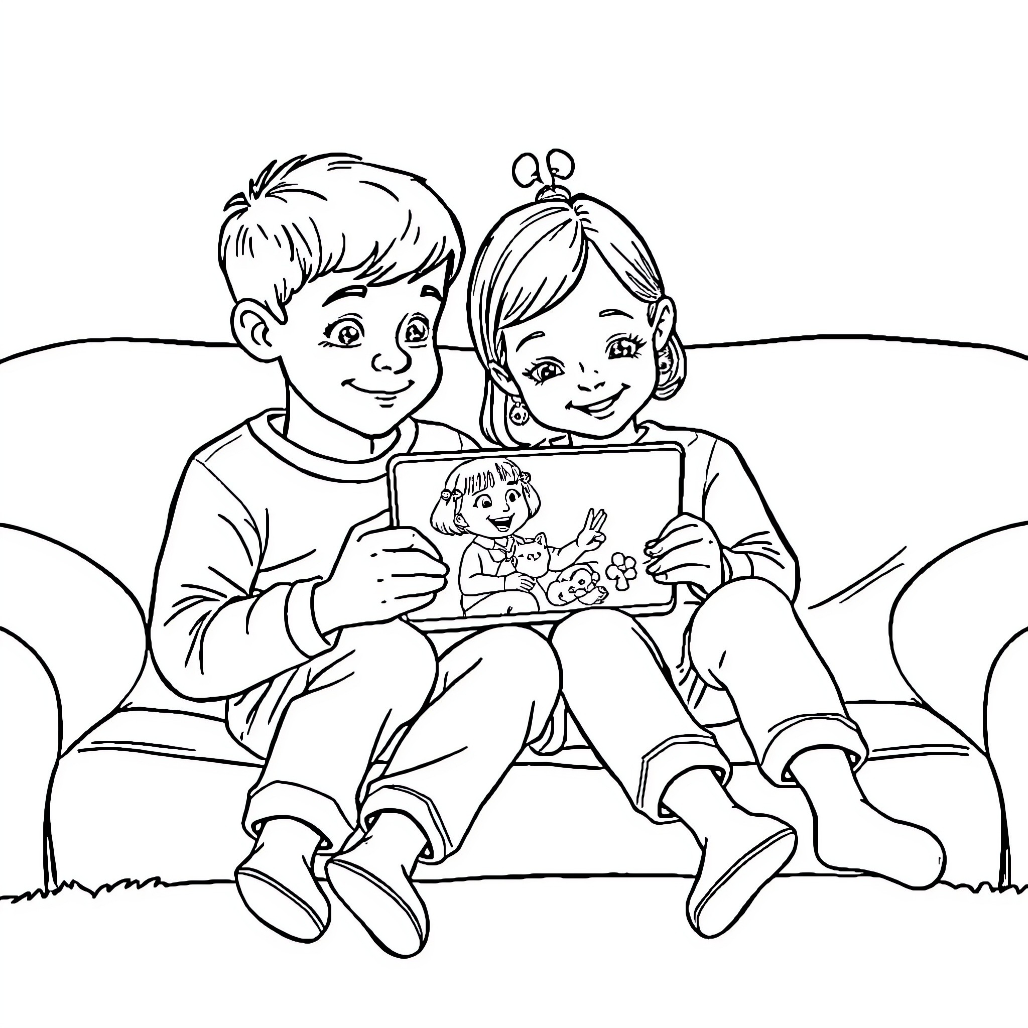 Sibling Sharing a Coloring Book on the Grass Coloring Page (free black-and-white line drawing printable PDF for all, from beginners to advanced learners, including children, teens, adults, and seniors)