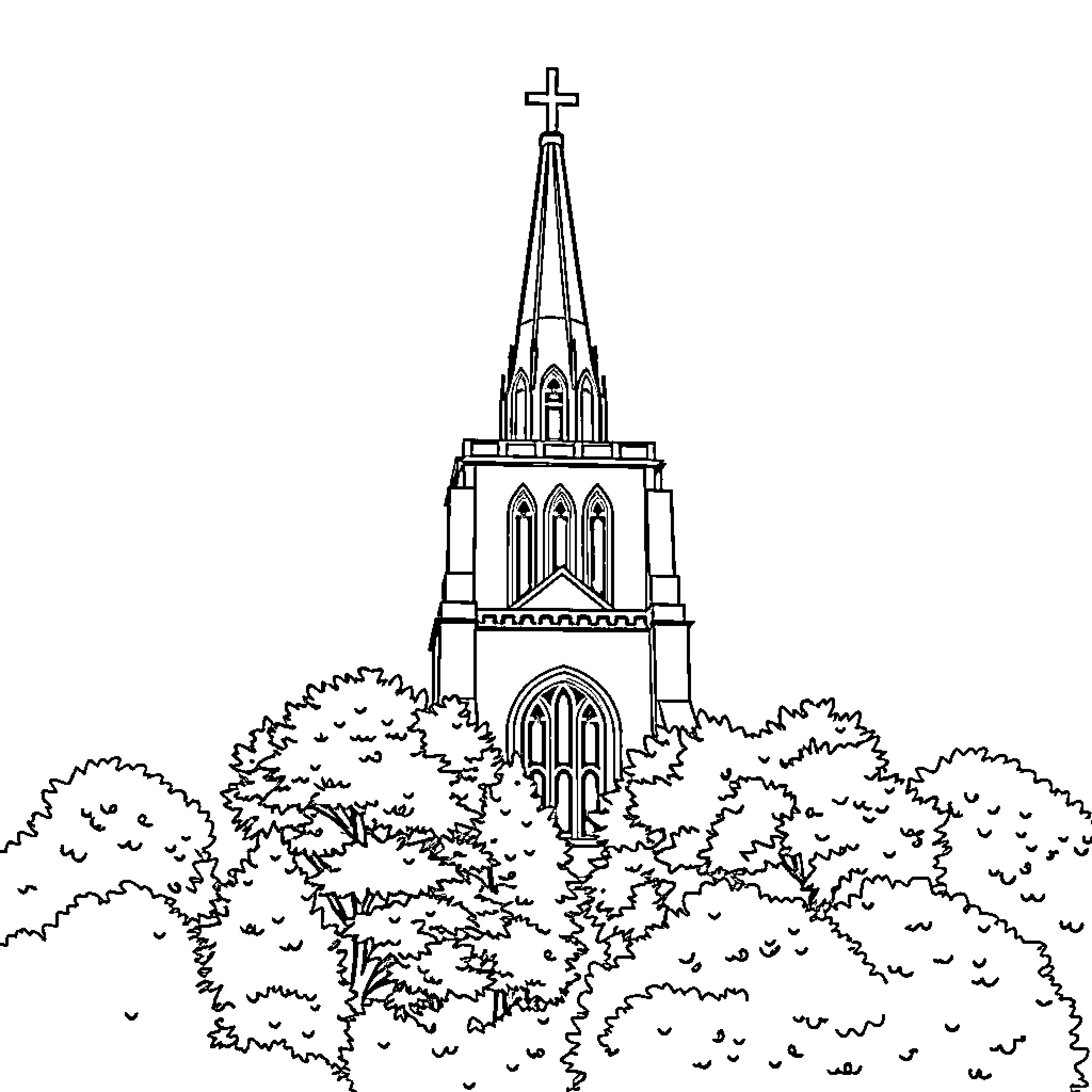 Bell Tower Amidst Lush Foliage Coloring Page (free black-and-white line drawing printable PDF for all, from beginners to advanced learners, including children, teens, adults, and seniors)