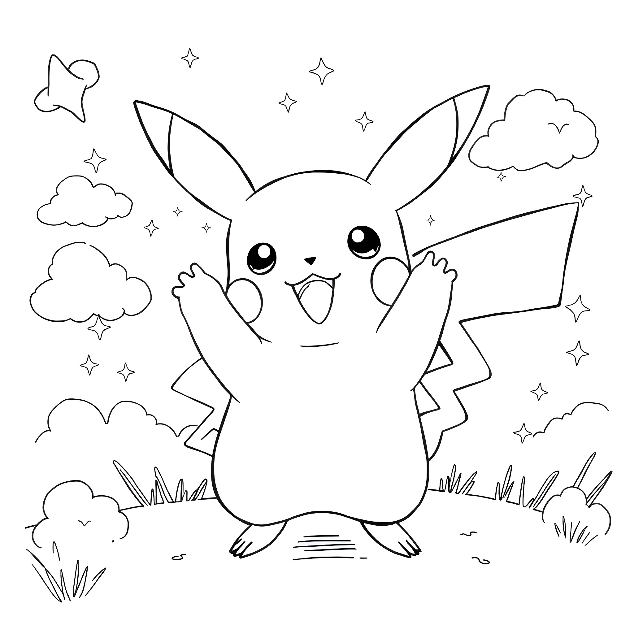 Pikachu Happily Exploring the Starry Night Sky Coloring Page (free black-and-white line drawing printable PDF for all, from beginners to advanced learners, including children, teens, adults, and seniors)