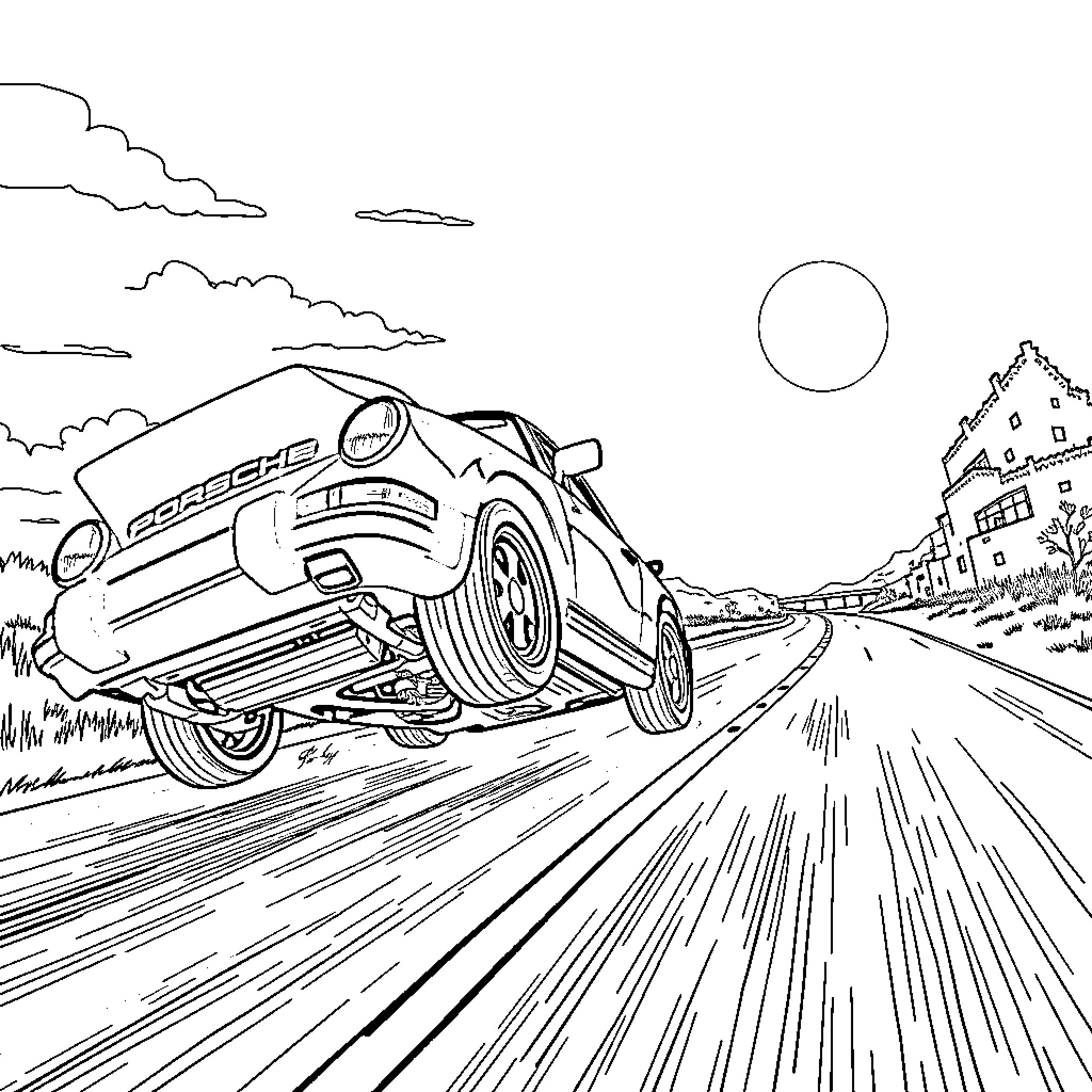 Porsche sports car speeding down the open road Coloring Page (free black-and-white line drawing printable PDF for all, from beginners to advanced learners, including children, teens, adults, and seniors)