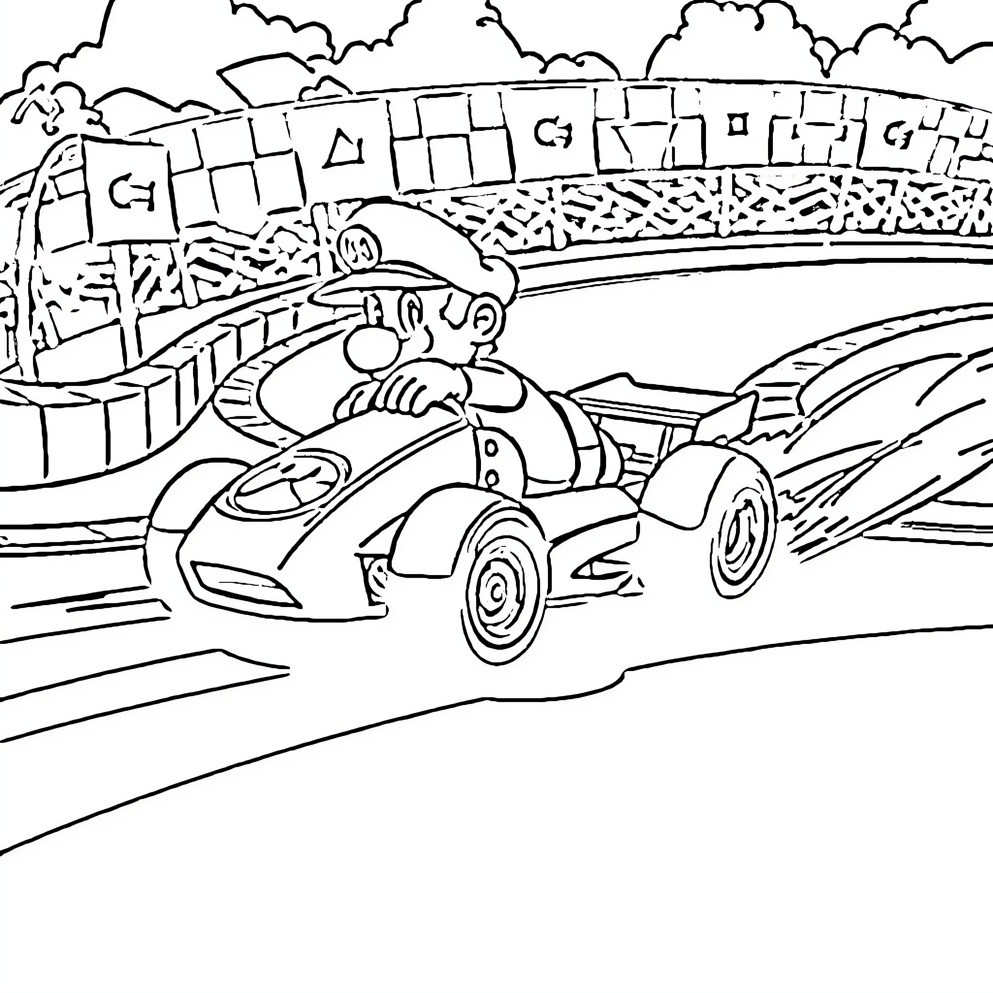 Mario Racing Excitedly Through City Streets Coloring Page (free black-and-white line drawing printable PDF for all, from beginners to advanced learners, including children, teens, adults, and seniors)