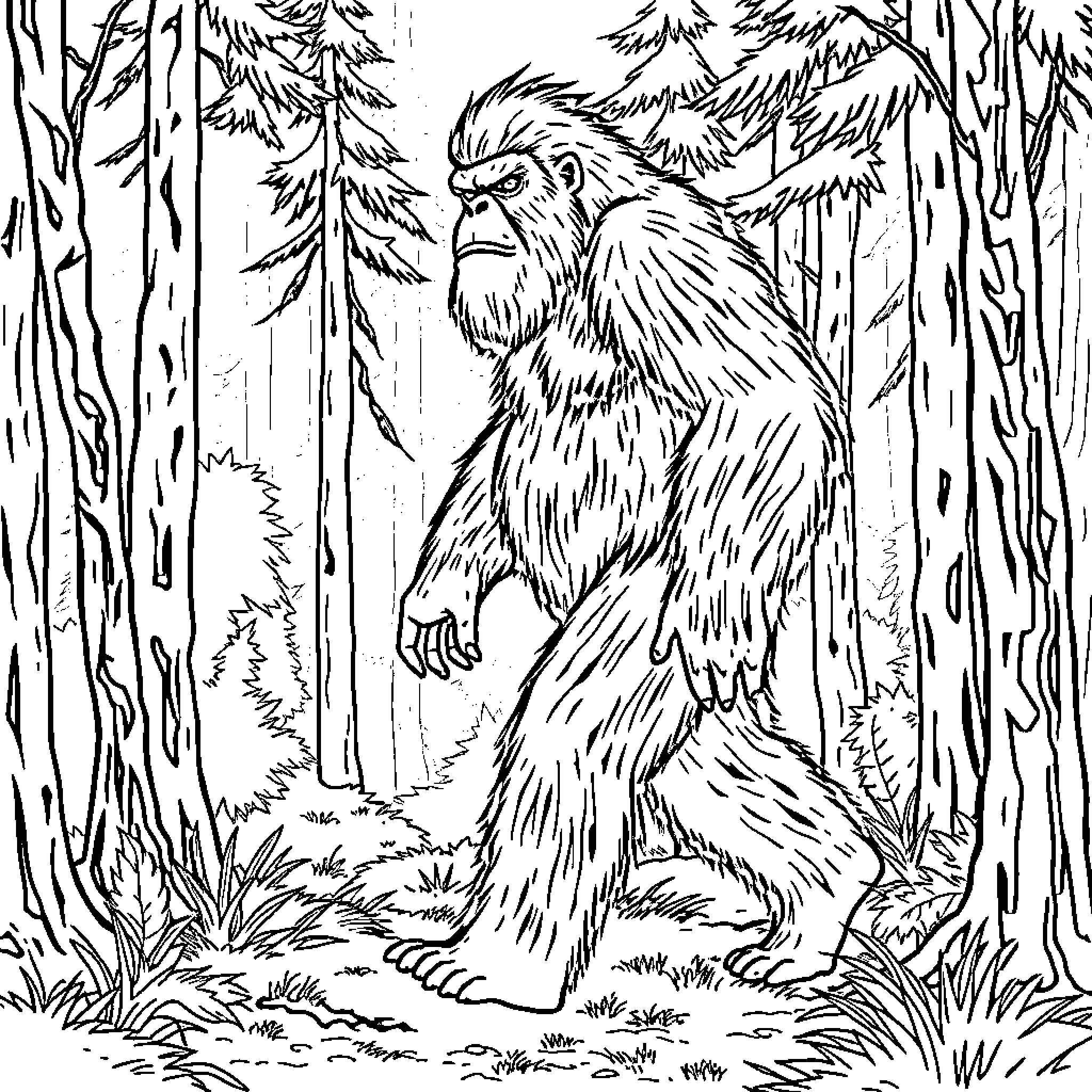 Sasquatch roaming the mysterious forest Coloring Page (free black-and-white line drawing printable PDF for all, from beginners to advanced learners, including children, teens, adults, and seniors)