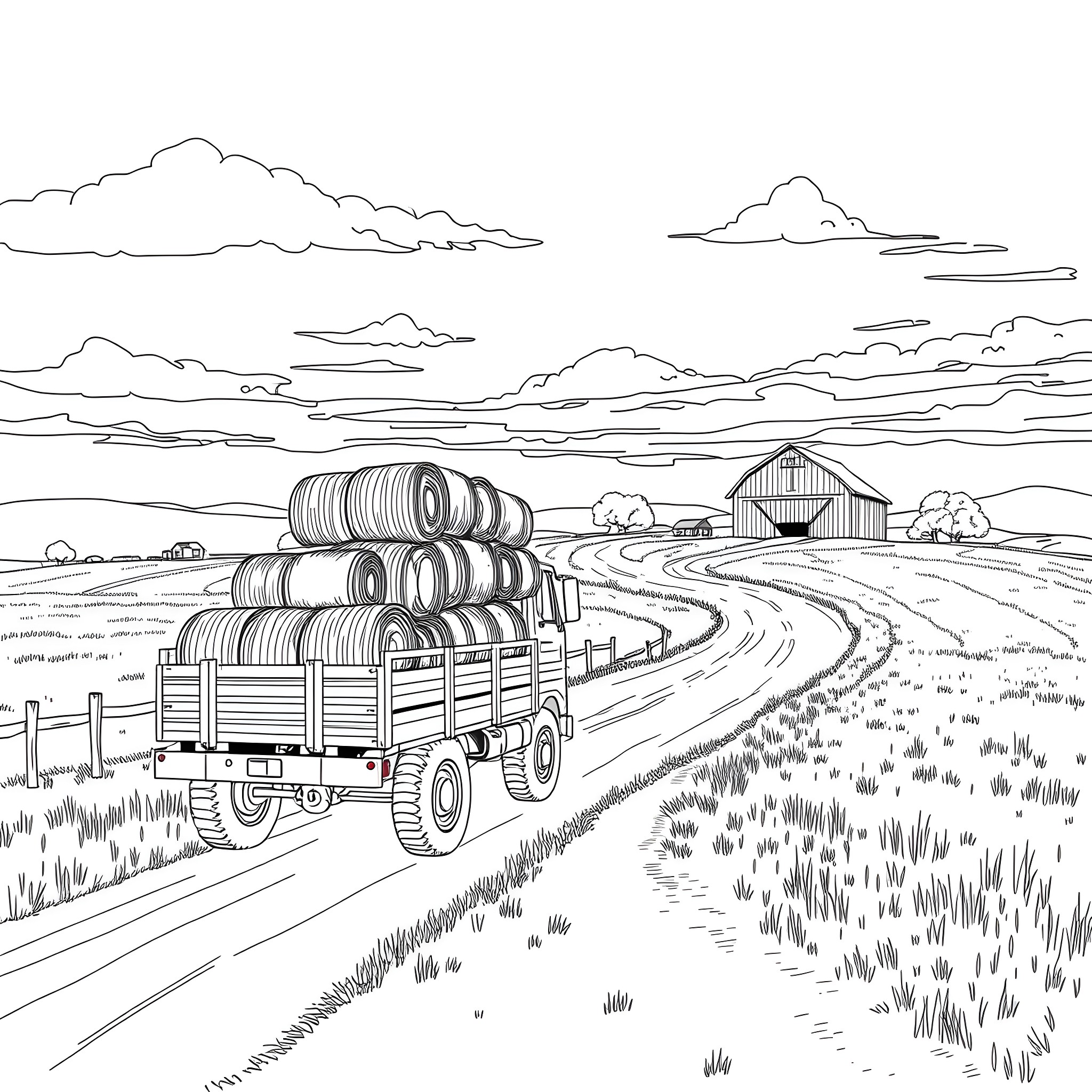 Hay Truck Transporting Barrels Through Rural Landscape Coloring Page (free black-and-white line drawing printable PDF for all, from beginners to advanced learners, including children, teens, adults, and seniors)