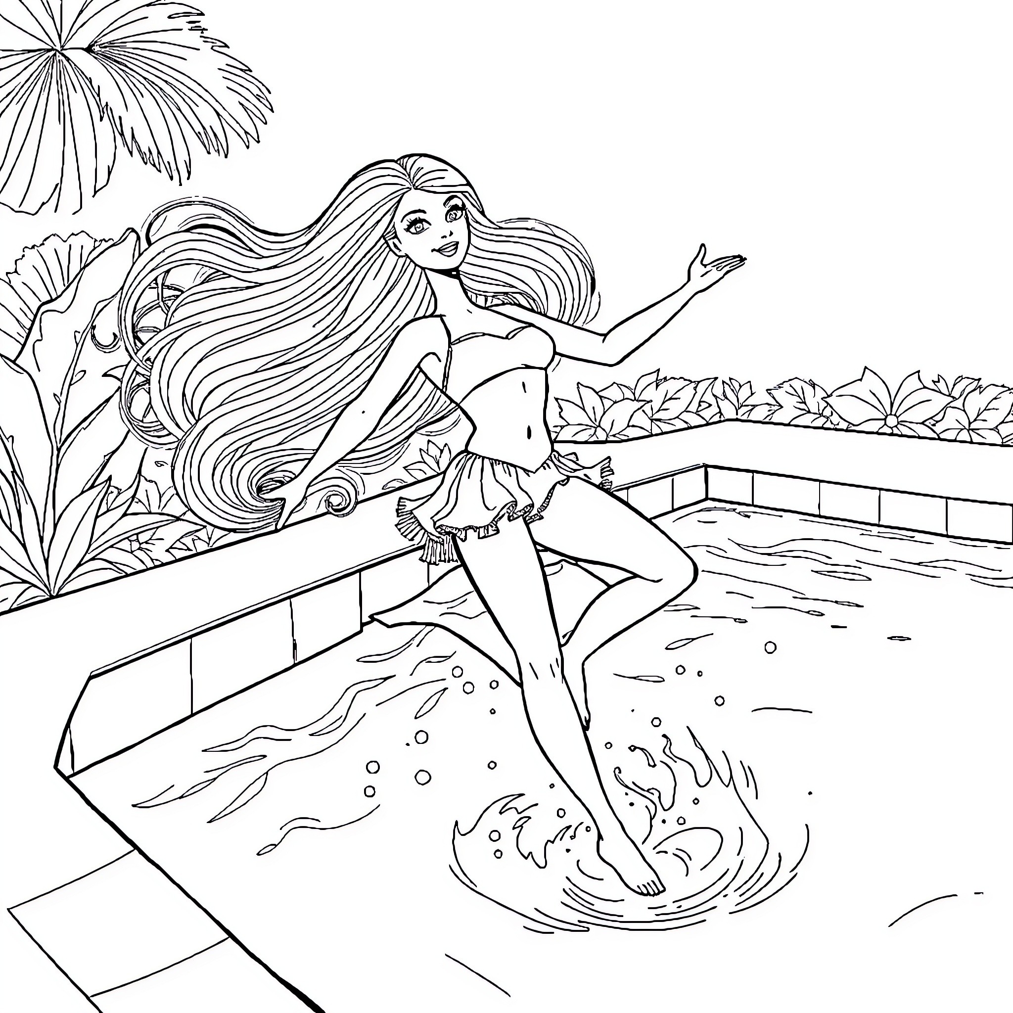 Barbie enjoying a day at the beach Coloring Page (free black-and-white line drawing printable PDF for all, from beginners to advanced learners, including children, teens, adults, and seniors)