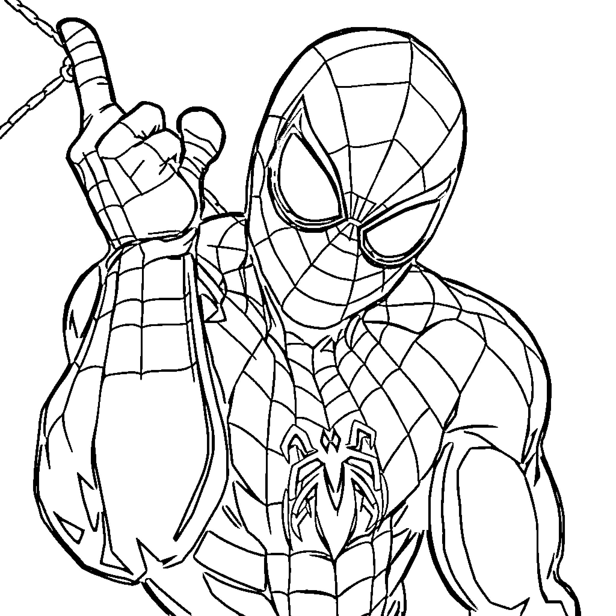 Spiderman in action pose with web Coloring Page (free black-and-white line drawing printable PDF for all, from beginners to advanced learners, including children, teens, adults, and seniors)