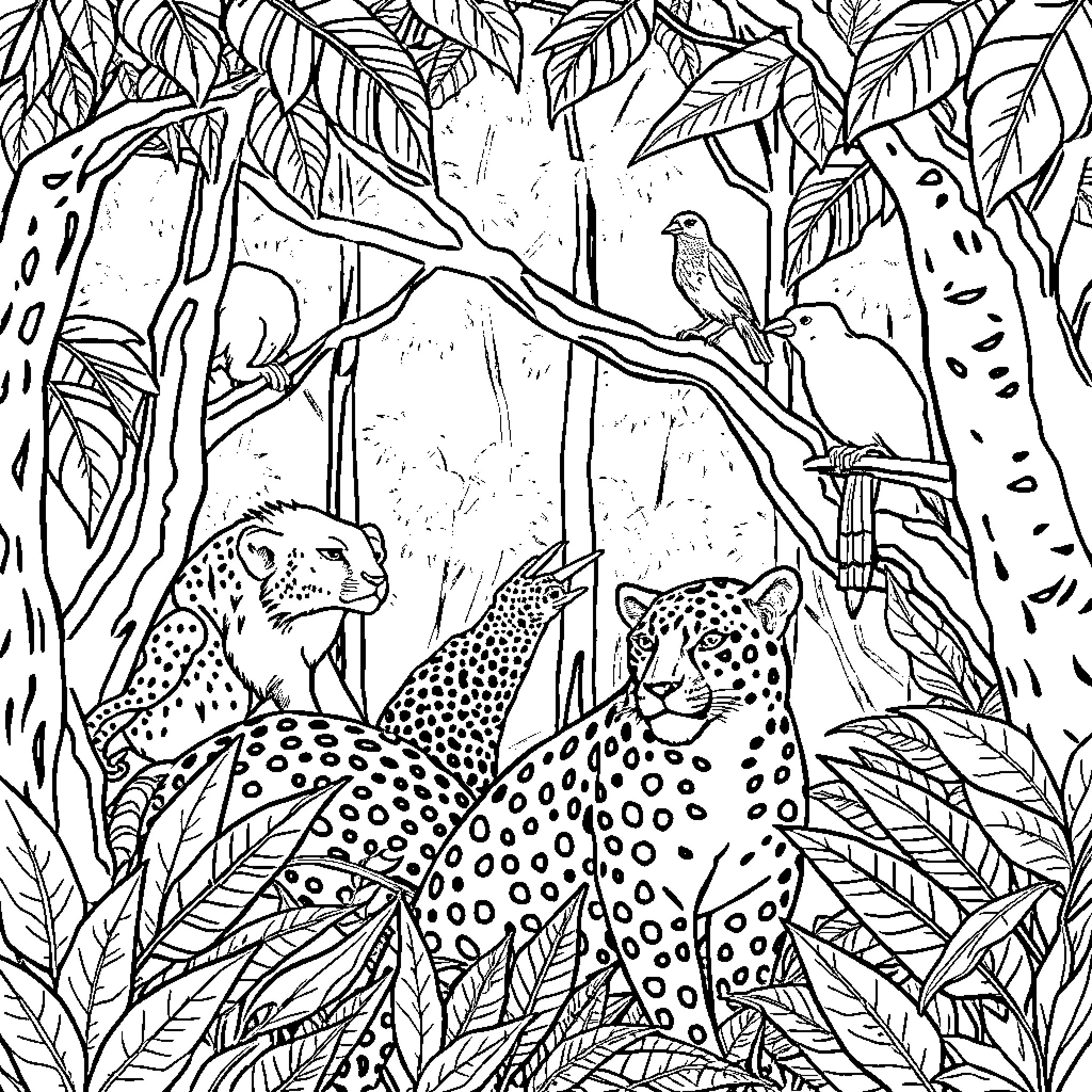 Animal Jungle Exploration with Leopards Coloring Page (free black-and-white line drawing printable PDF for all, from beginners to advanced learners, including children, teens, adults, and seniors)