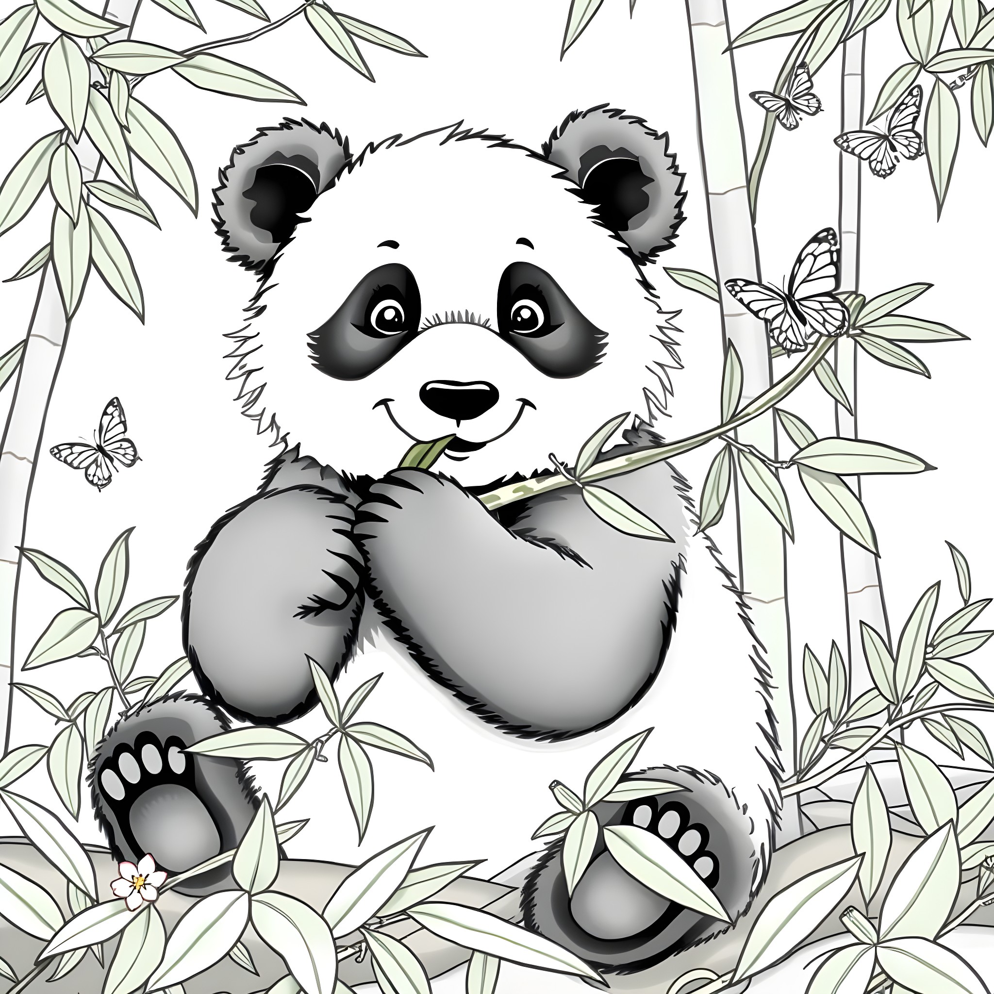Panda exploring the bamboo forest Coloring Page (free black-and-white line drawing printable PDF for all, from beginners to advanced learners, including children, teens, adults, and seniors)