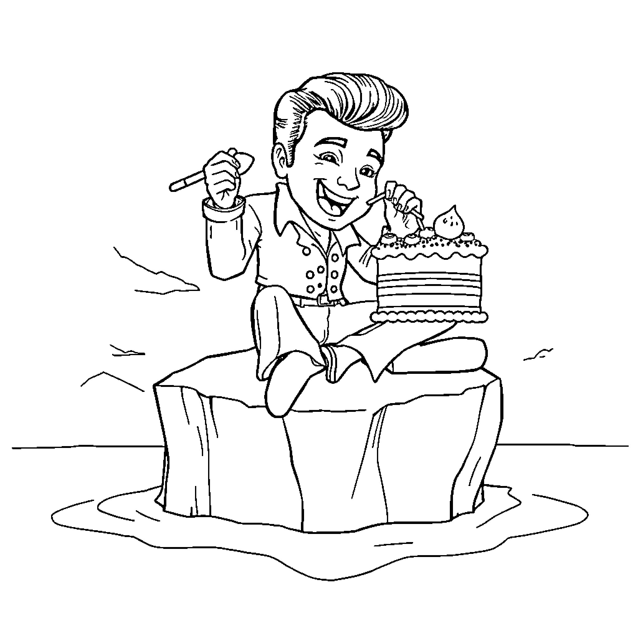 Elvis Enjoying His Birthday Cake Coloring Page (free black-and-white line drawing printable PDF for all, from beginners to advanced learners, including children, teens, adults, and seniors)