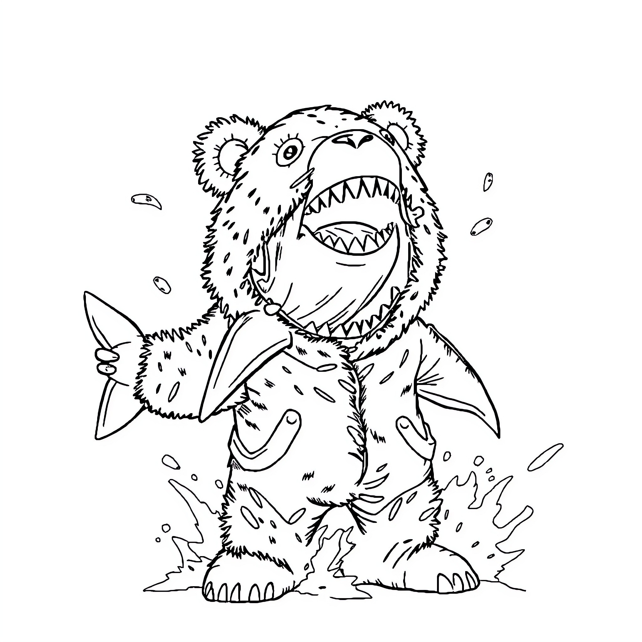 Shark creature with sharp teeth and claws Coloring Page (free black-and-white line drawing printable PDF for all, from beginners to advanced learners, including children, teens, adults, and seniors)