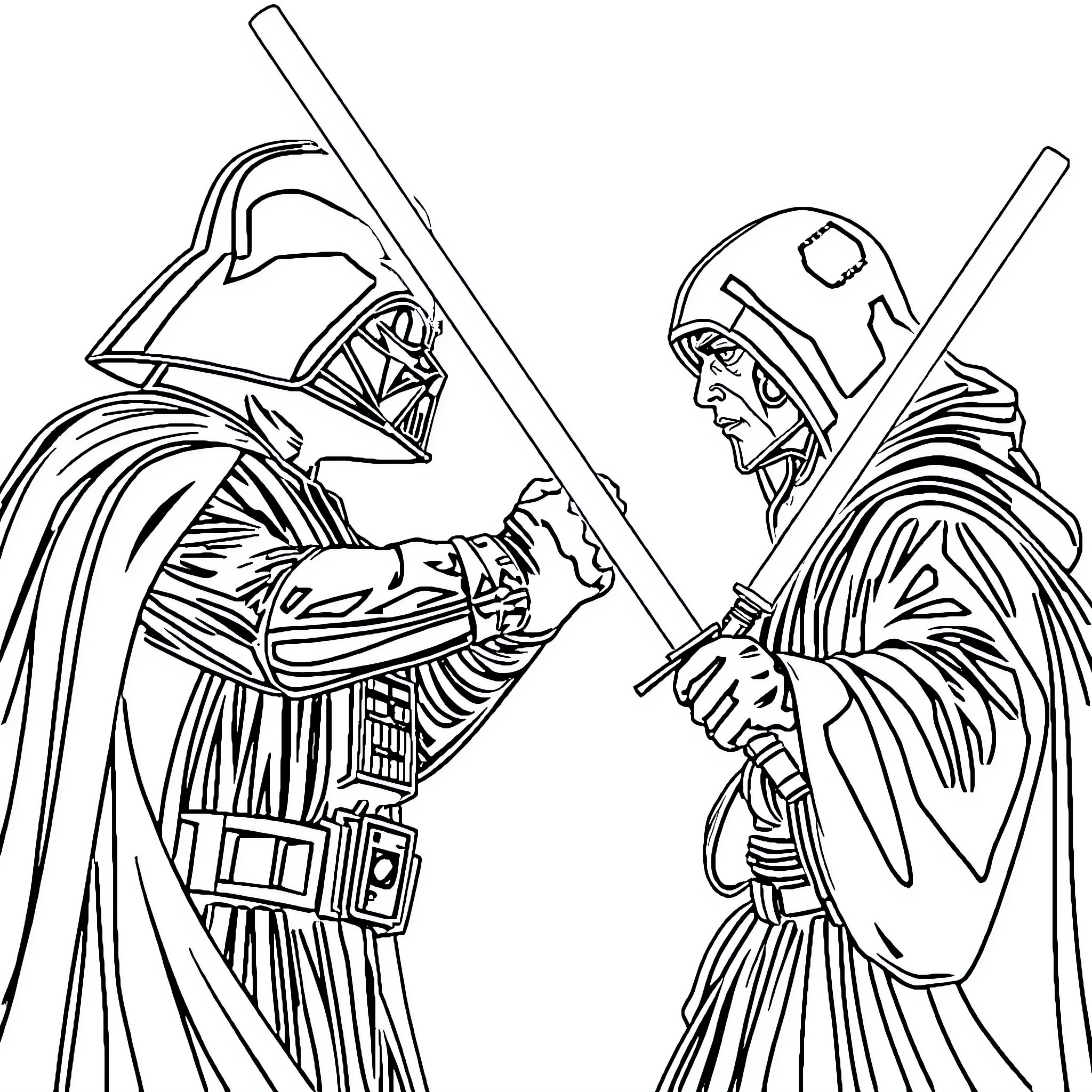 Darth Vader confronting a hooded figure Coloring Page (free black-and-white line drawing printable PDF for all, from beginners to advanced learners, including children, teens, adults, and seniors)