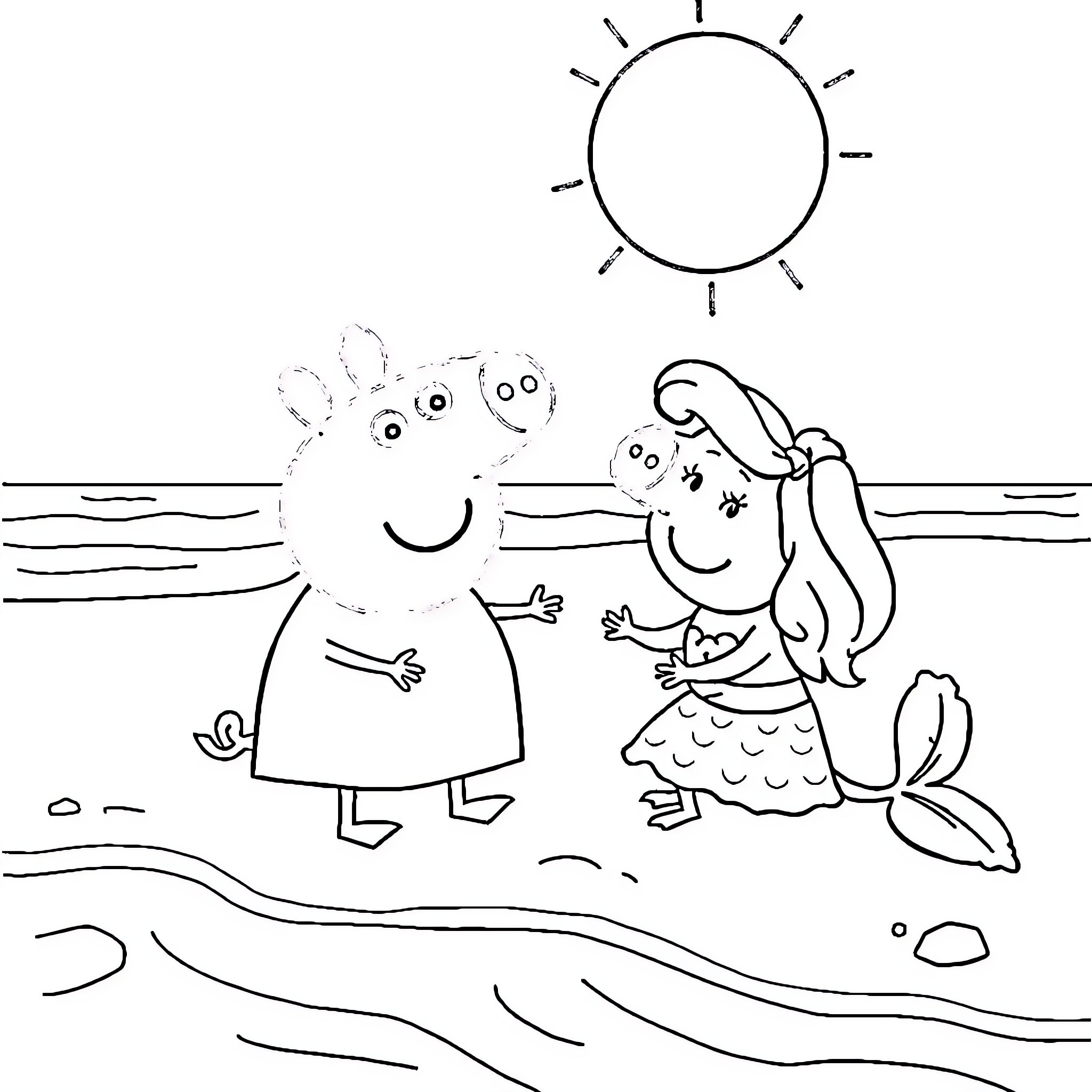 Peppa Pig and Mermaid Playing at the Beach Coloring Page (free black-and-white line drawing printable PDF for all, from beginners to advanced learners, including children, teens, adults, and seniors)