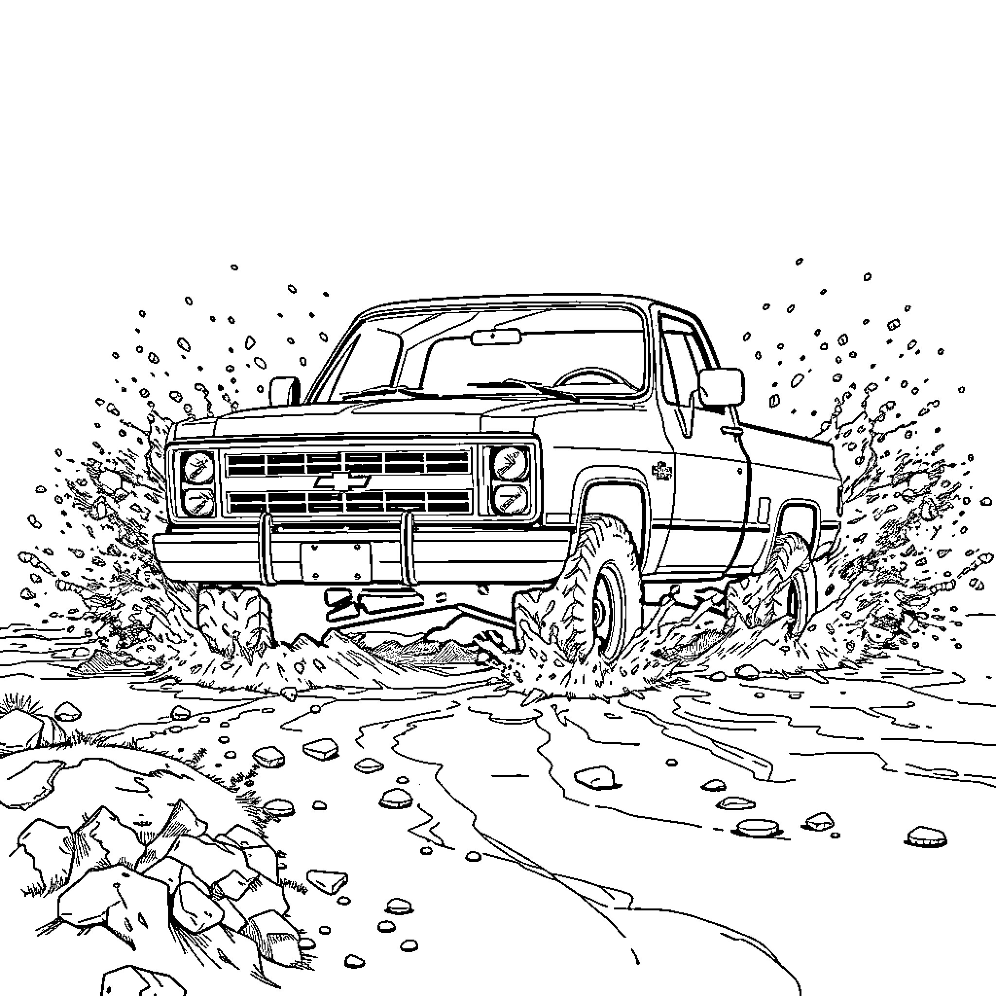 Truck driving through muddy terrain Coloring Page (free black-and-white line drawing printable PDF for all, from beginners to advanced learners, including children, teens, adults, and seniors)