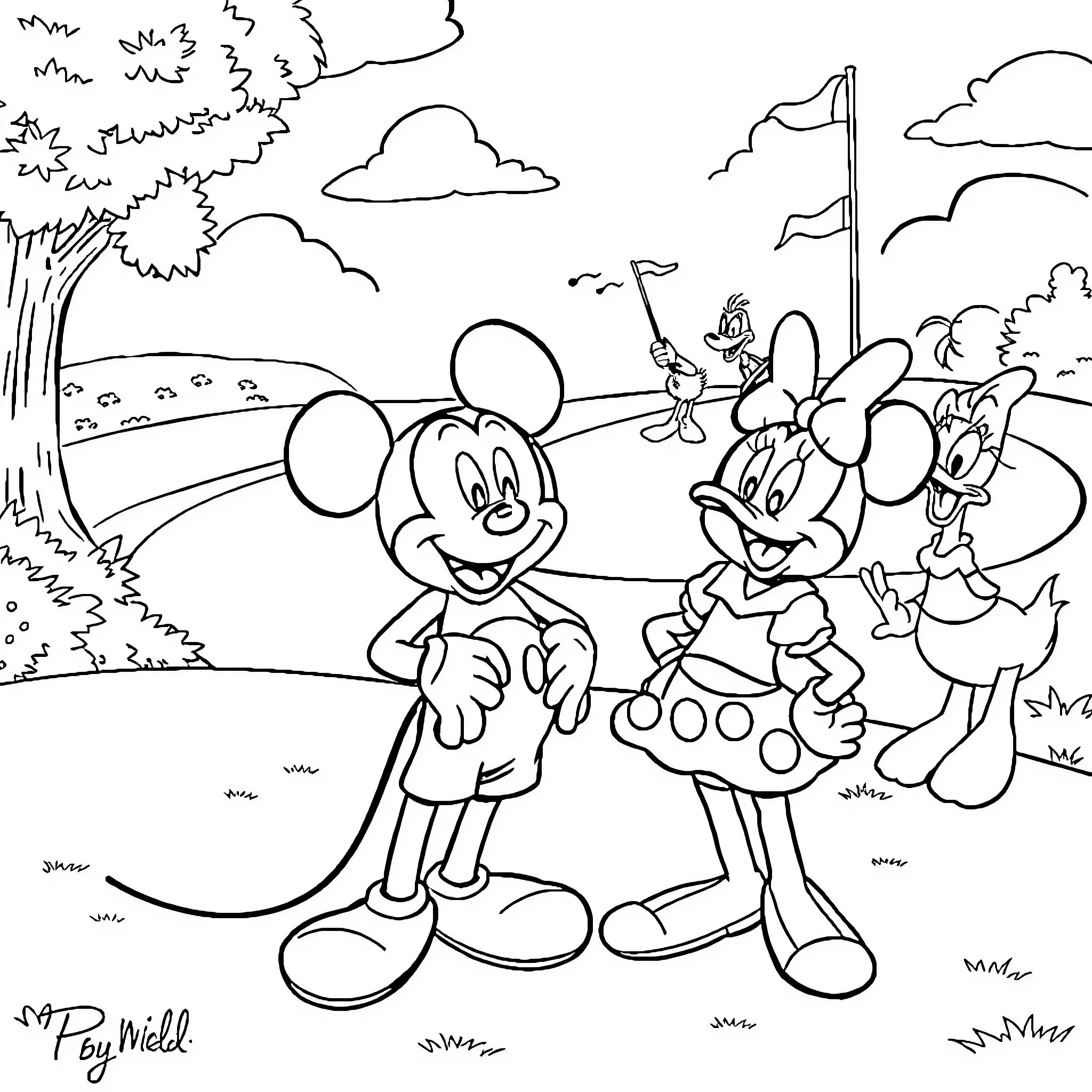 Mickey Mouse and Friends Enjoying Outdoors Coloring Page (free black-and-white line drawing printable PDF for all, from beginners to advanced learners, including children, teens, adults, and seniors)