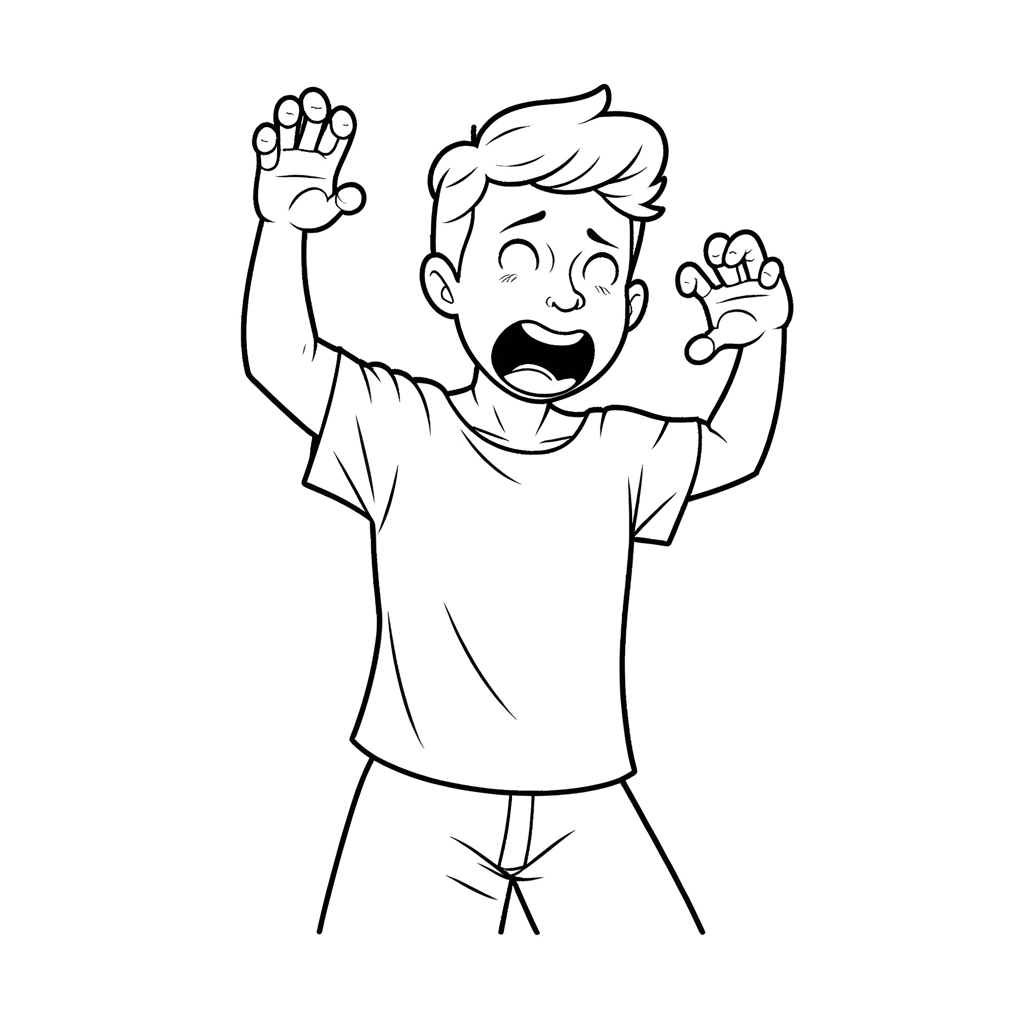 Word Happy child celebrating with raised arms Coloring Page (free black-and-white line drawing printable PDF for all, from beginners to advanced learners, including children, teens, adults, and seniors)