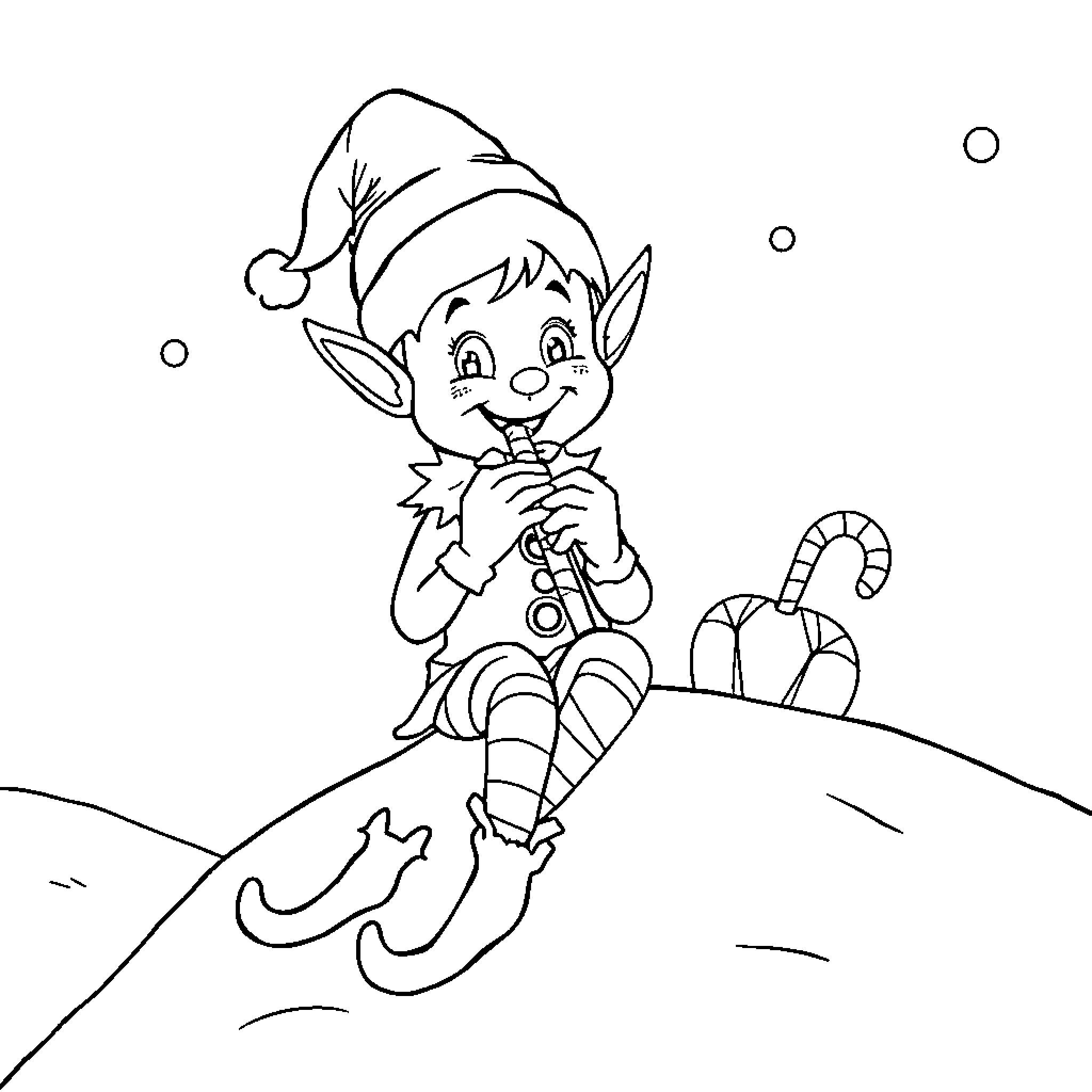 Elf playing merrily in the winter landscape Coloring Page (free black-and-white line drawing printable PDF for all, from beginners to advanced learners, including children, teens, adults, and seniors)