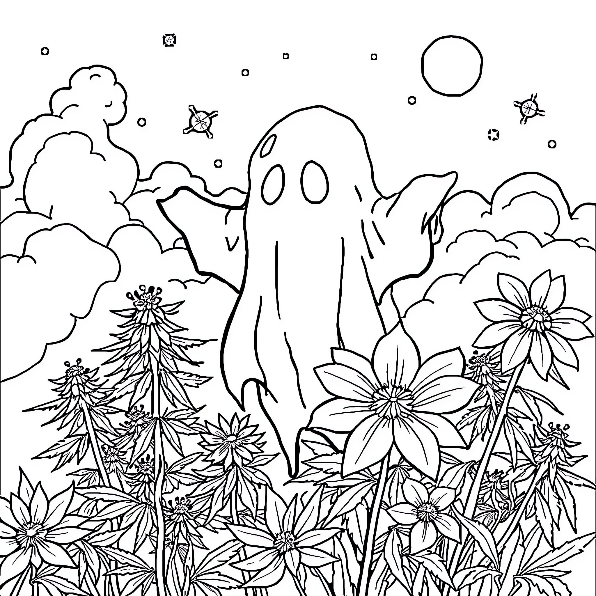 Ghost in a Flower-filled Landscape Coloring Page (free black-and-white line drawing printable PDF for all, from beginners to advanced learners, including children, teens, adults, and seniors)