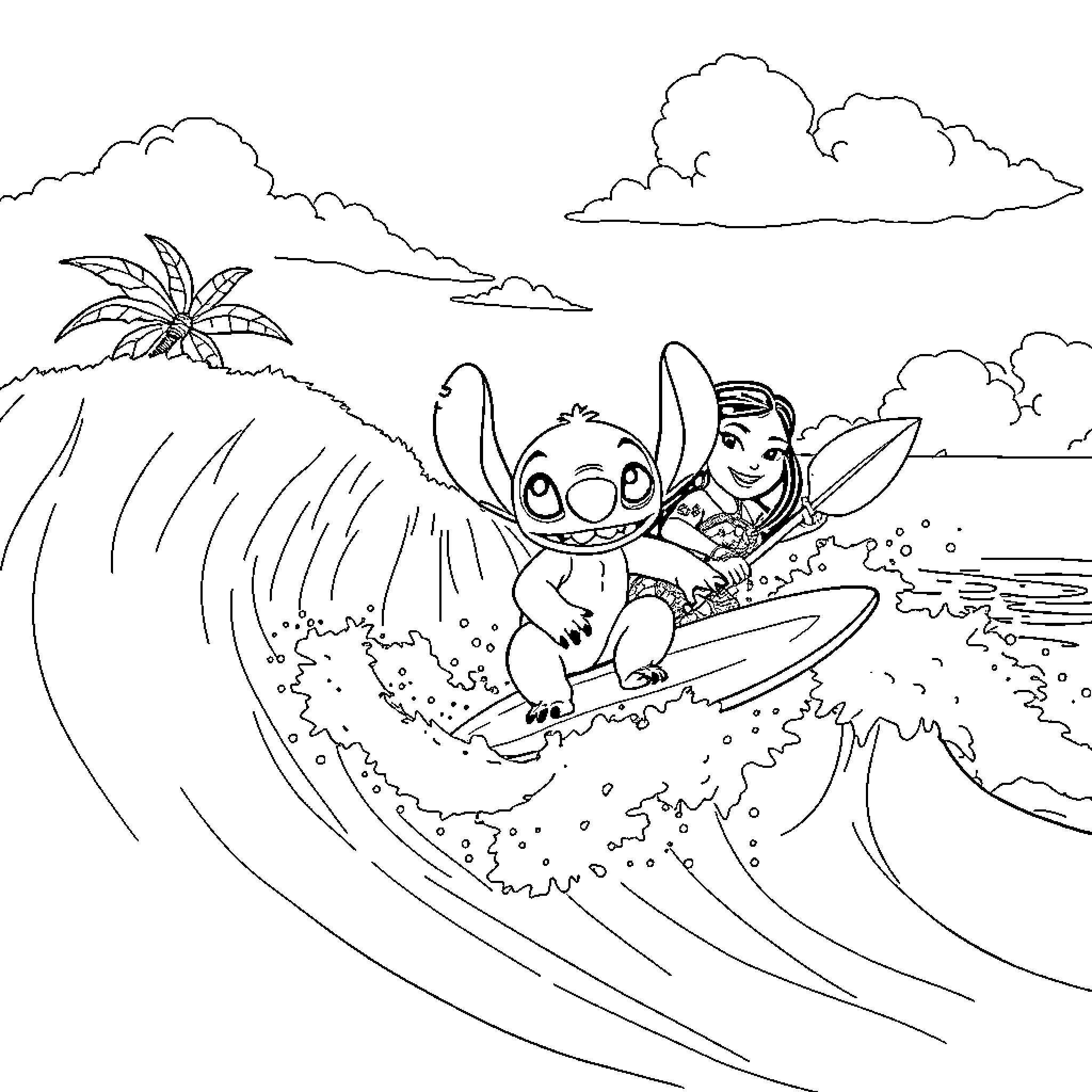 Lilo and Stitch Surfing the Waves Coloring Page (free black-and-white line drawing printable PDF for all, from beginners to advanced learners, including children, teens, adults, and seniors)