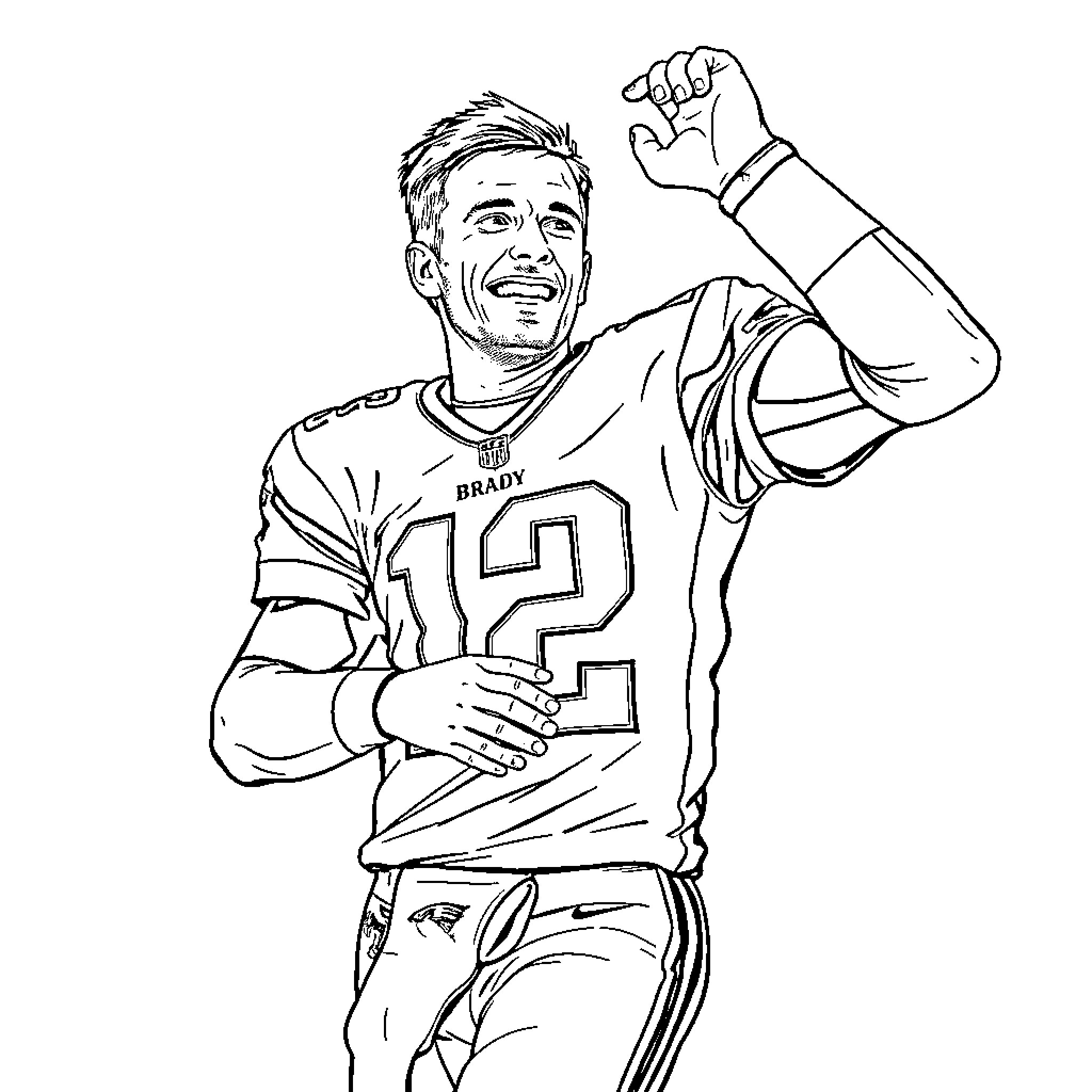 Tom Brady Celebrating His Football Victory Coloring Page (free black-and-white line drawing printable PDF for all, from beginners to advanced learners, including children, teens, adults, and seniors)
