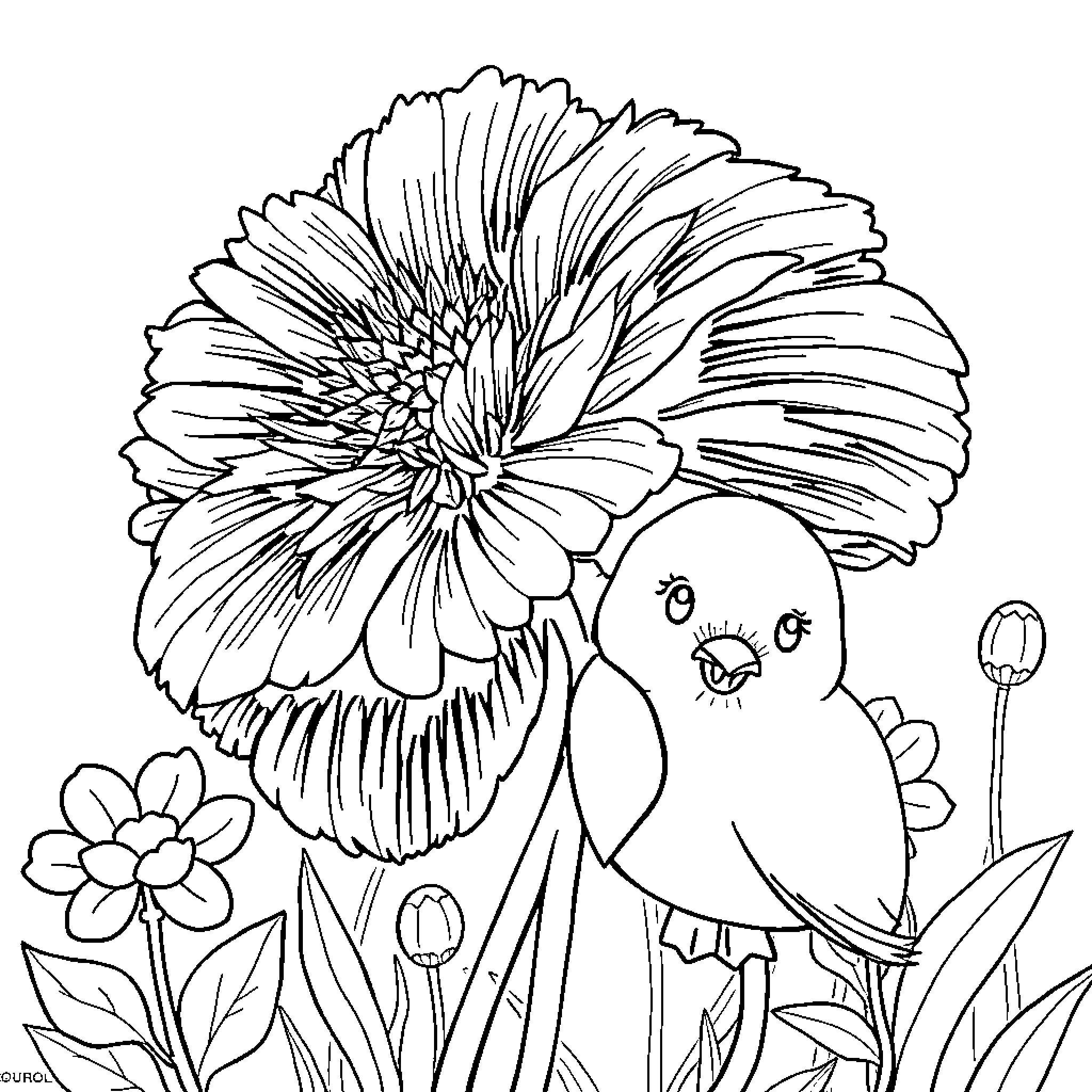 Pumpkin-shaped flower with cute chick in garden Coloring Page (free black-and-white line drawing printable PDF for all, from beginners to advanced learners, including children, teens, adults, and seniors)
