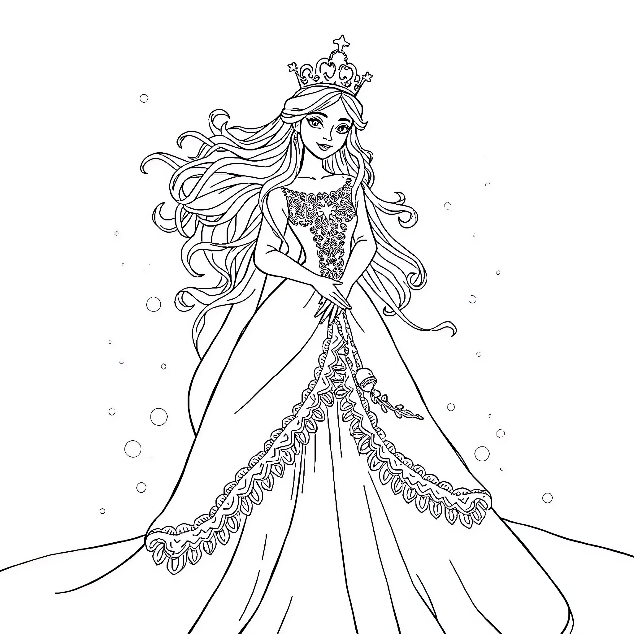 Snow Queen in Elegant Gown with Flowing Hair Coloring Page (free black-and-white line drawing printable PDF for all, from beginners to advanced learners, including children, teens, adults, and seniors)