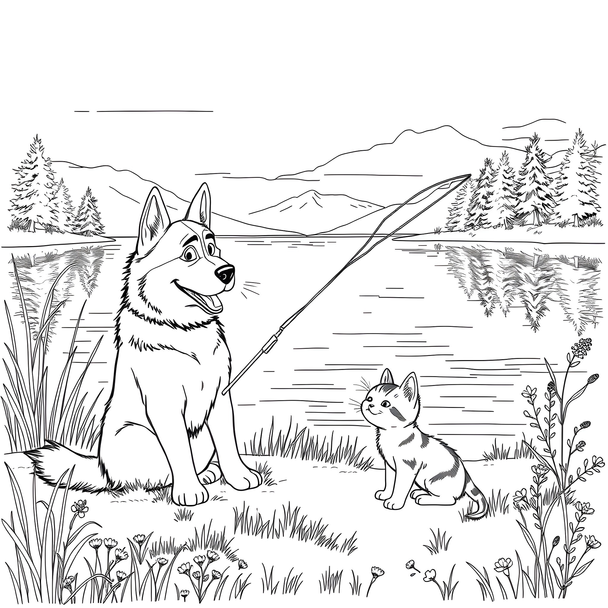 Husky companions exploring the serene mountain landscape Coloring Page (free black-and-white line drawing printable PDF for all, from beginners to advanced learners, including children, teens, adults, and seniors)