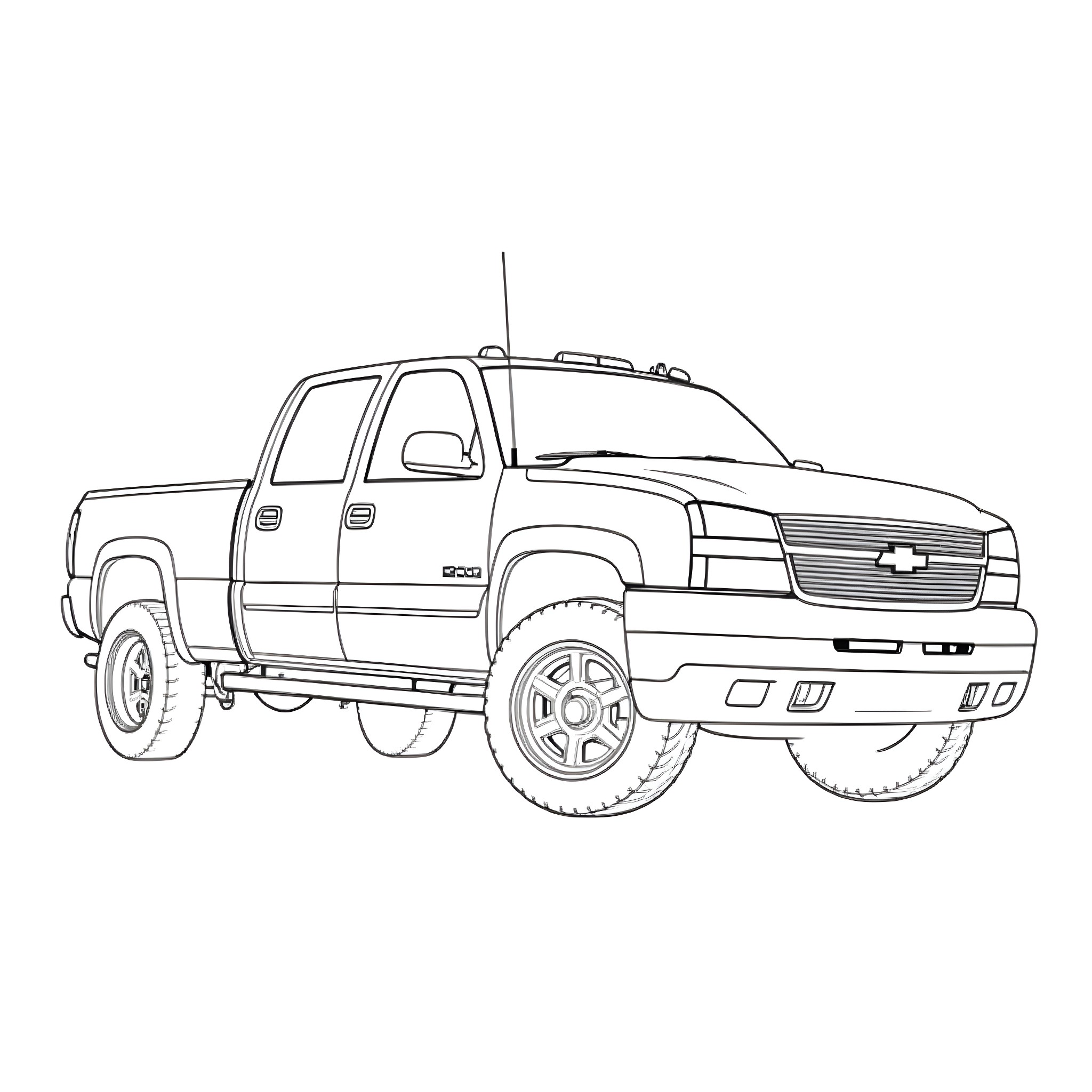 Chevrolet Silverado Pickup Truck on Rugged Terrain Coloring Page (free black-and-white line drawing printable PDF for all, from beginners to advanced learners, including children, teens, adults, and seniors)