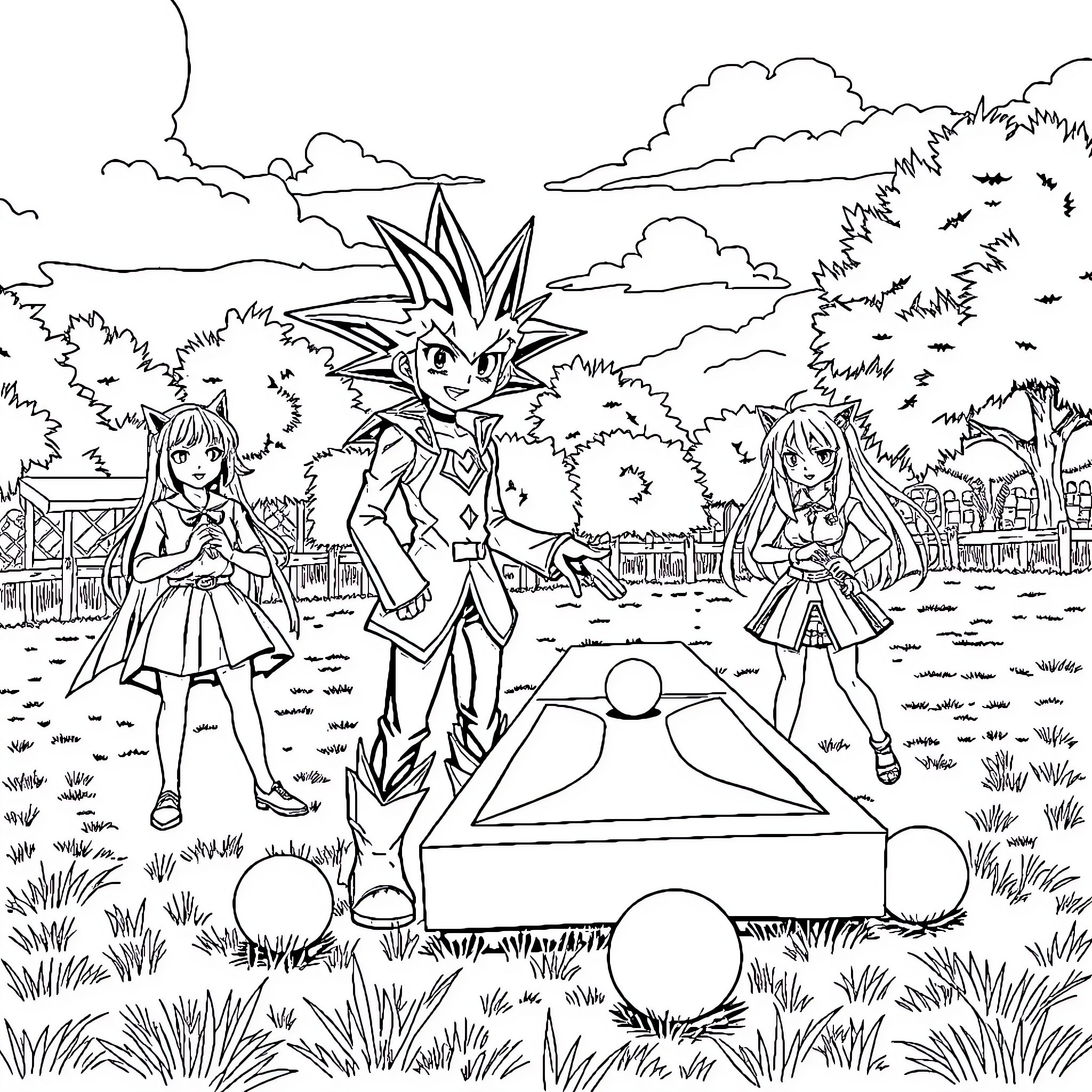 Yugioh characters in an outdoor scene Coloring Page (free black-and-white line drawing printable PDF for all, from beginners to advanced learners, including children, teens, adults, and seniors)