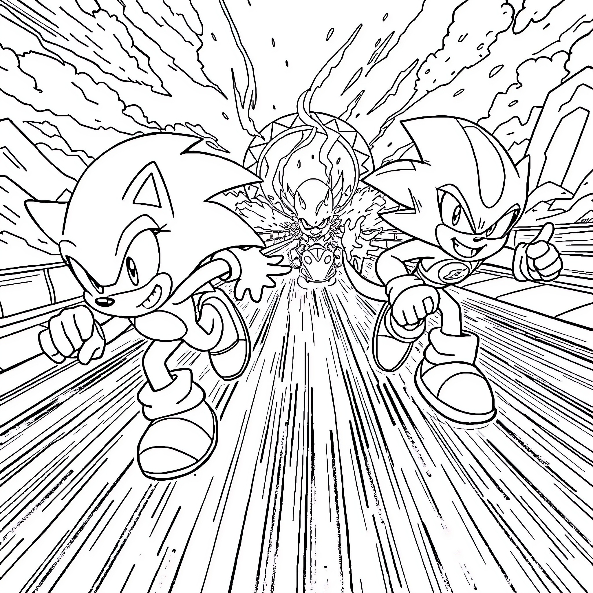 Sonic characters in an action-packed scene Coloring Page (free black-and-white line drawing printable PDF for all, from beginners to advanced learners, including children, teens, adults, and seniors)