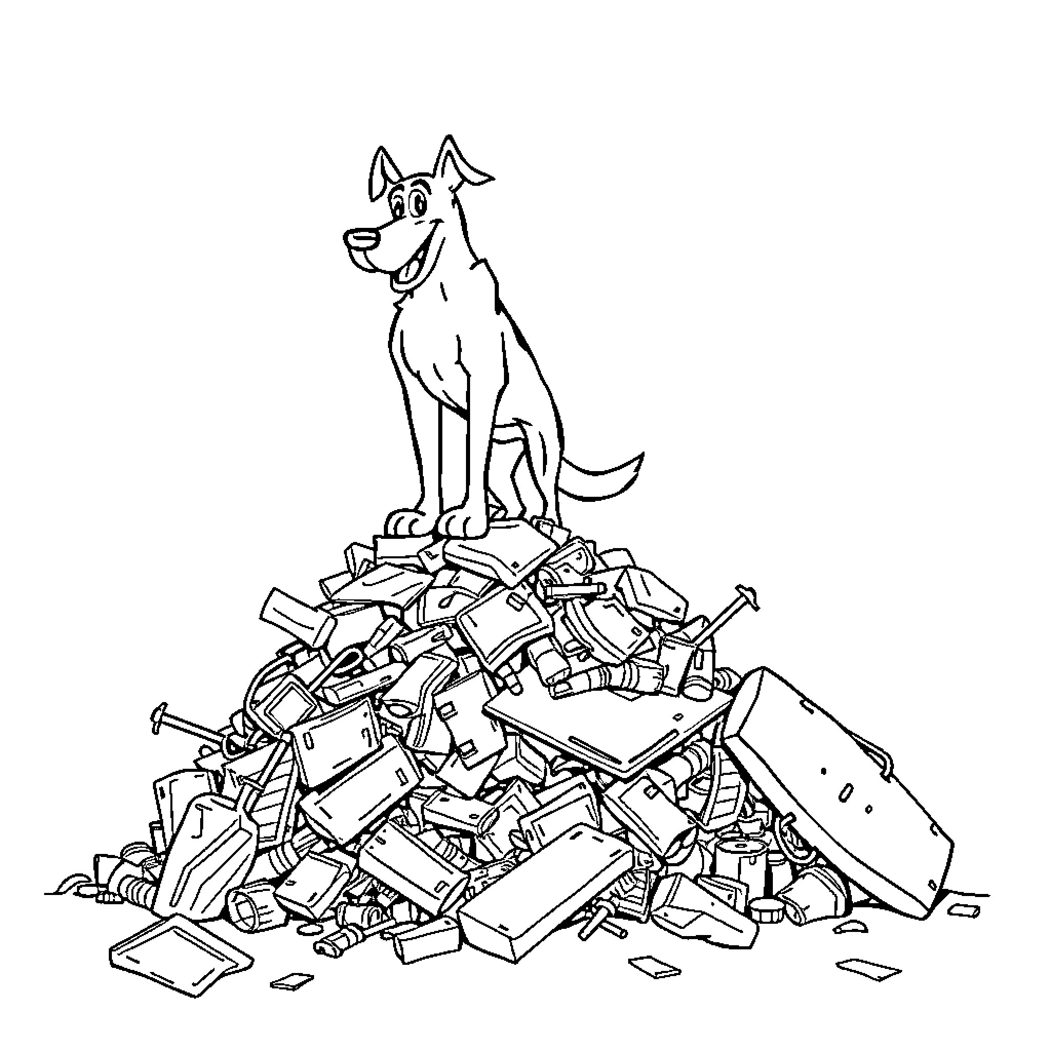 Dog Man Sitting Atop a Pile of Tools and Scrap Coloring Page (free black-and-white line drawing printable PDF for all, from beginners to advanced learners, including children, teens, adults, and seniors)