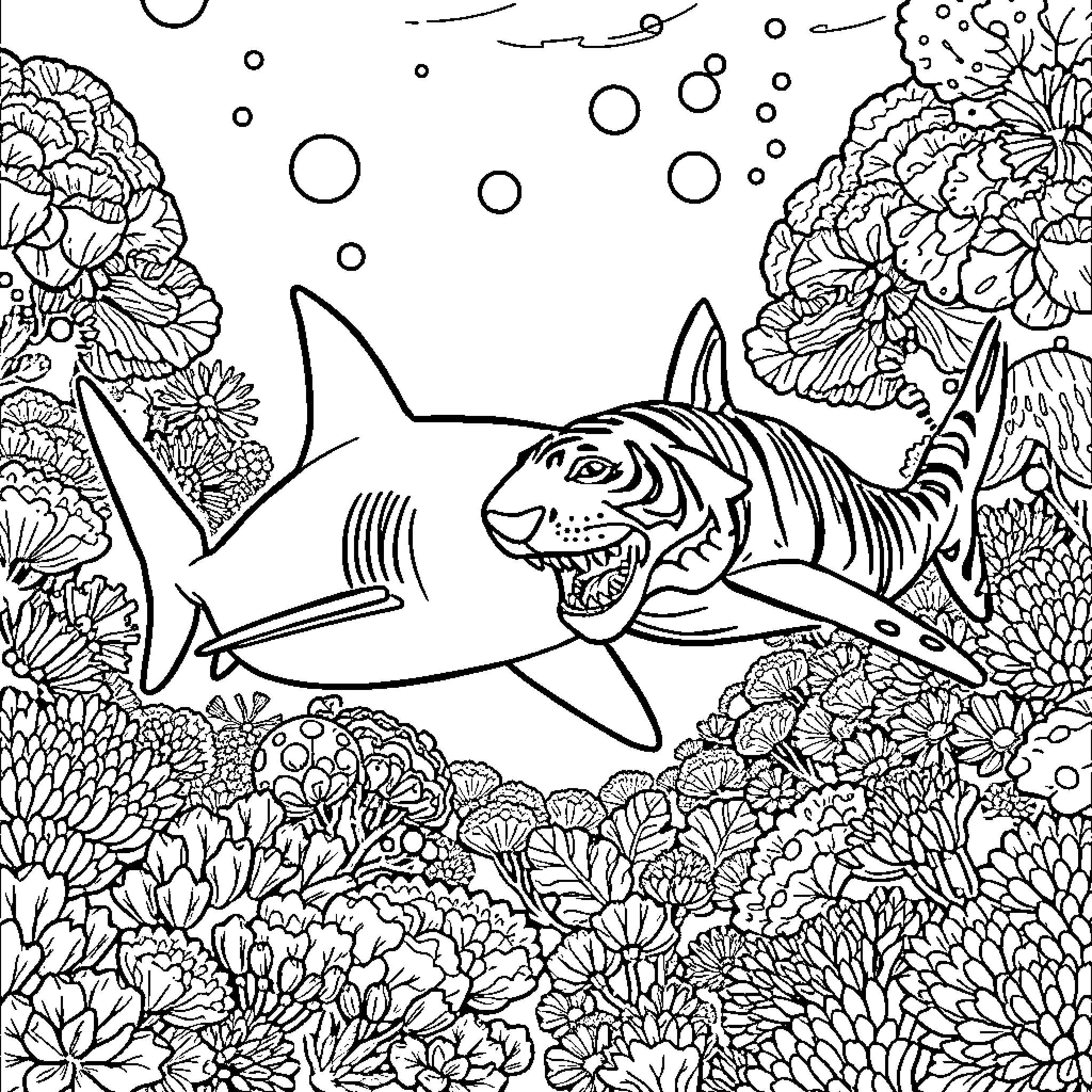 Shark swimming among vibrant marine plants Coloring Page (free black-and-white line drawing printable PDF for all, from beginners to advanced learners, including children, teens, adults, and seniors)