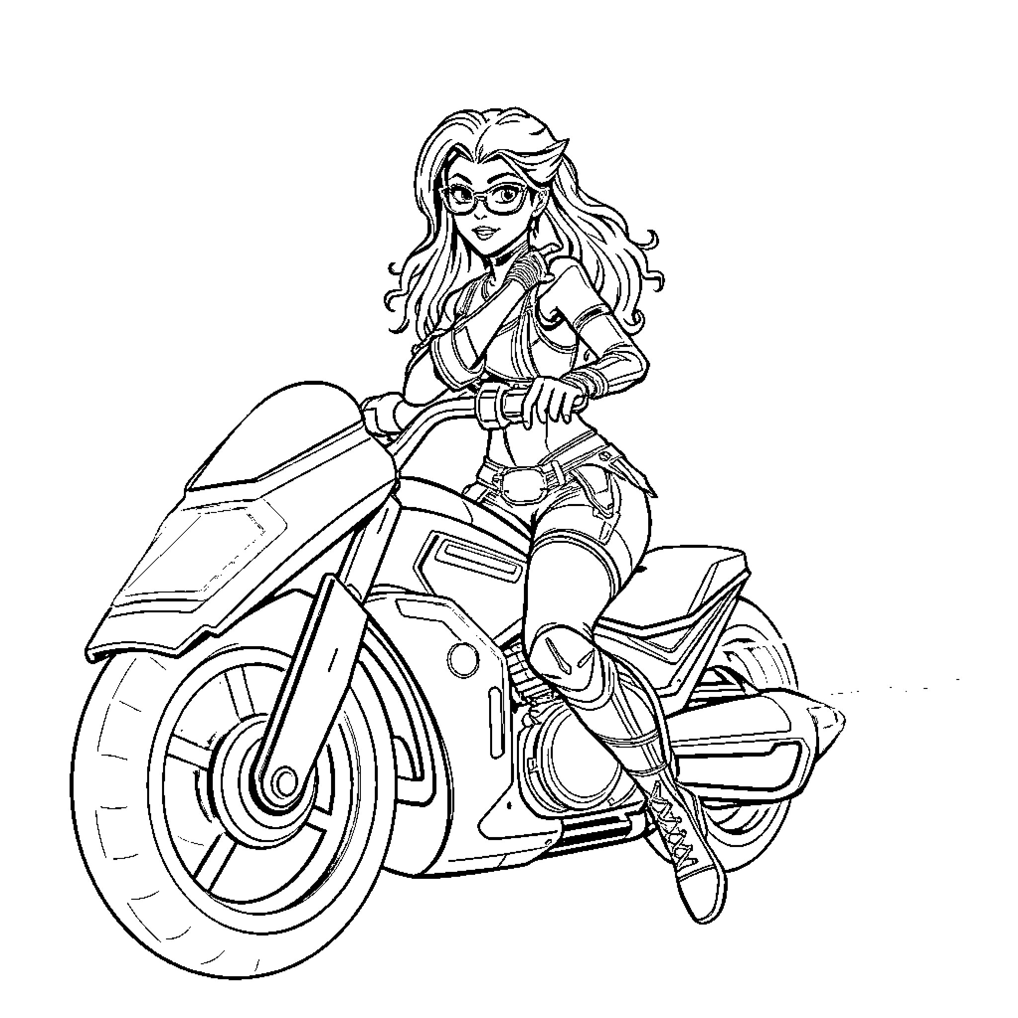 Cher riding a stylish motorcycle Coloring Page (free black-and-white line drawing printable PDF for all, from beginners to advanced learners, including children, teens, adults, and seniors)