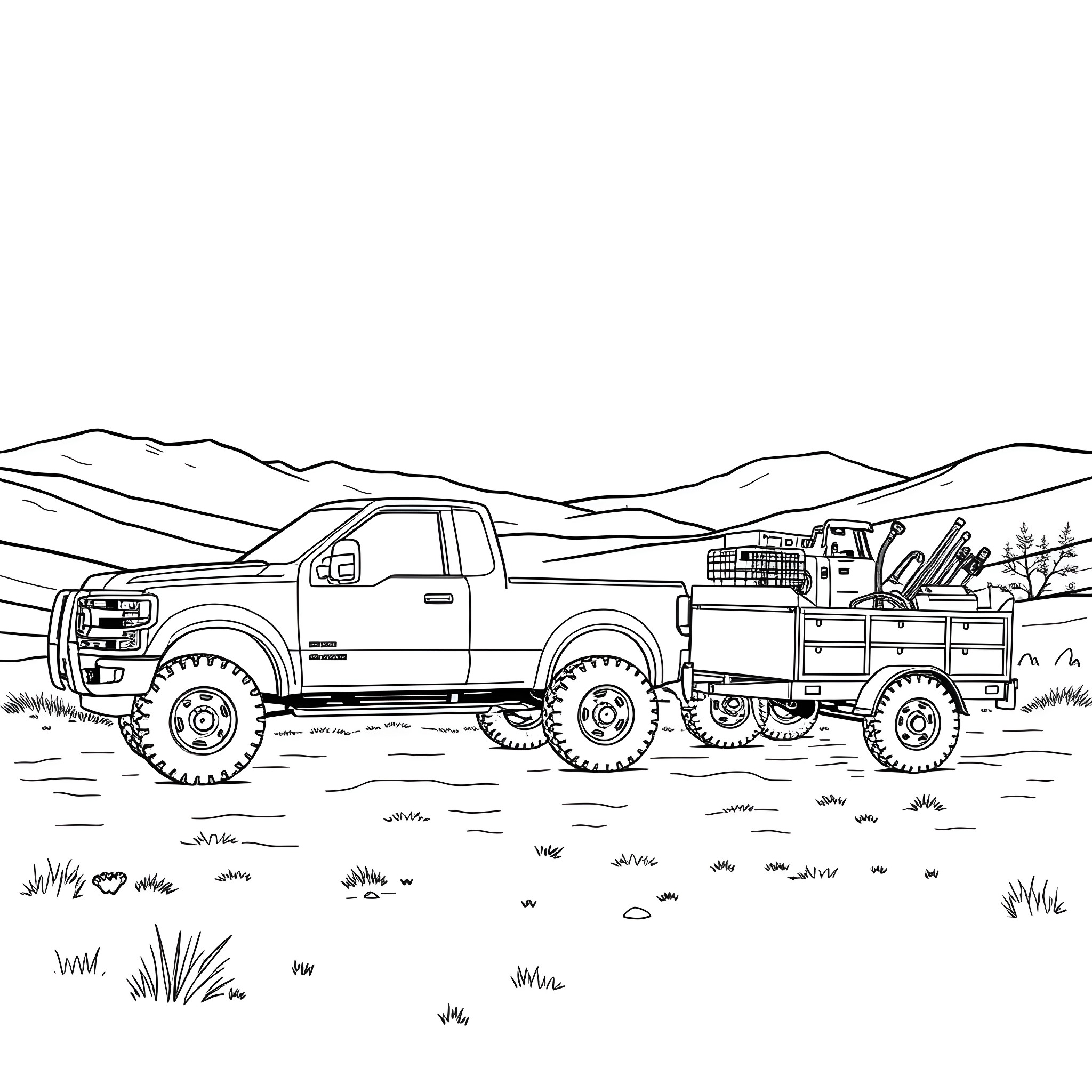 Pickup truck and trailer in mountainous landscape Coloring Page (free black-and-white line drawing printable PDF for all, from beginners to advanced learners, including children, teens, adults, and seniors)