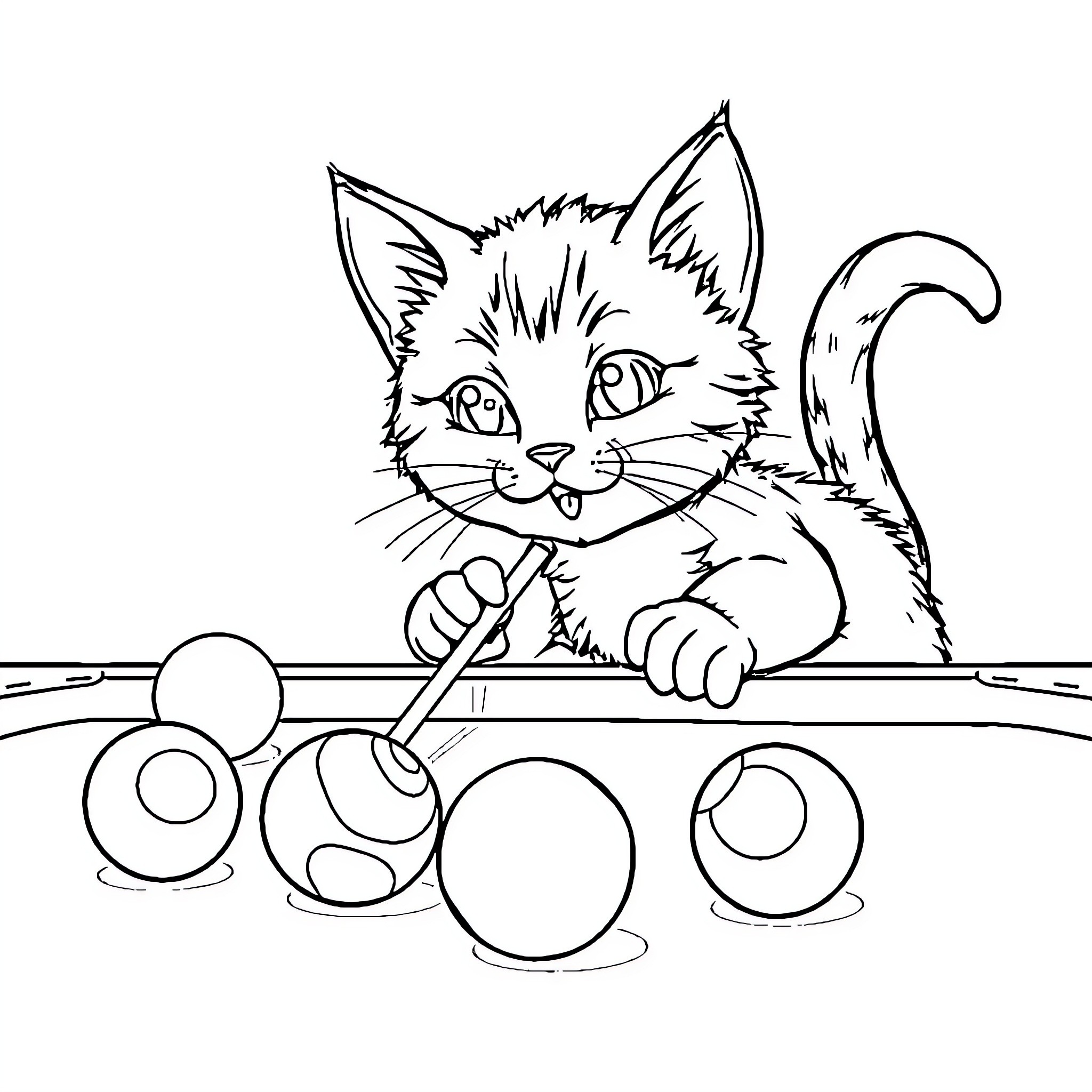 Cat playing with balls on floor Coloring Page (free black-and-white line drawing printable PDF for all, from beginners to advanced learners, including children, teens, adults, and seniors)