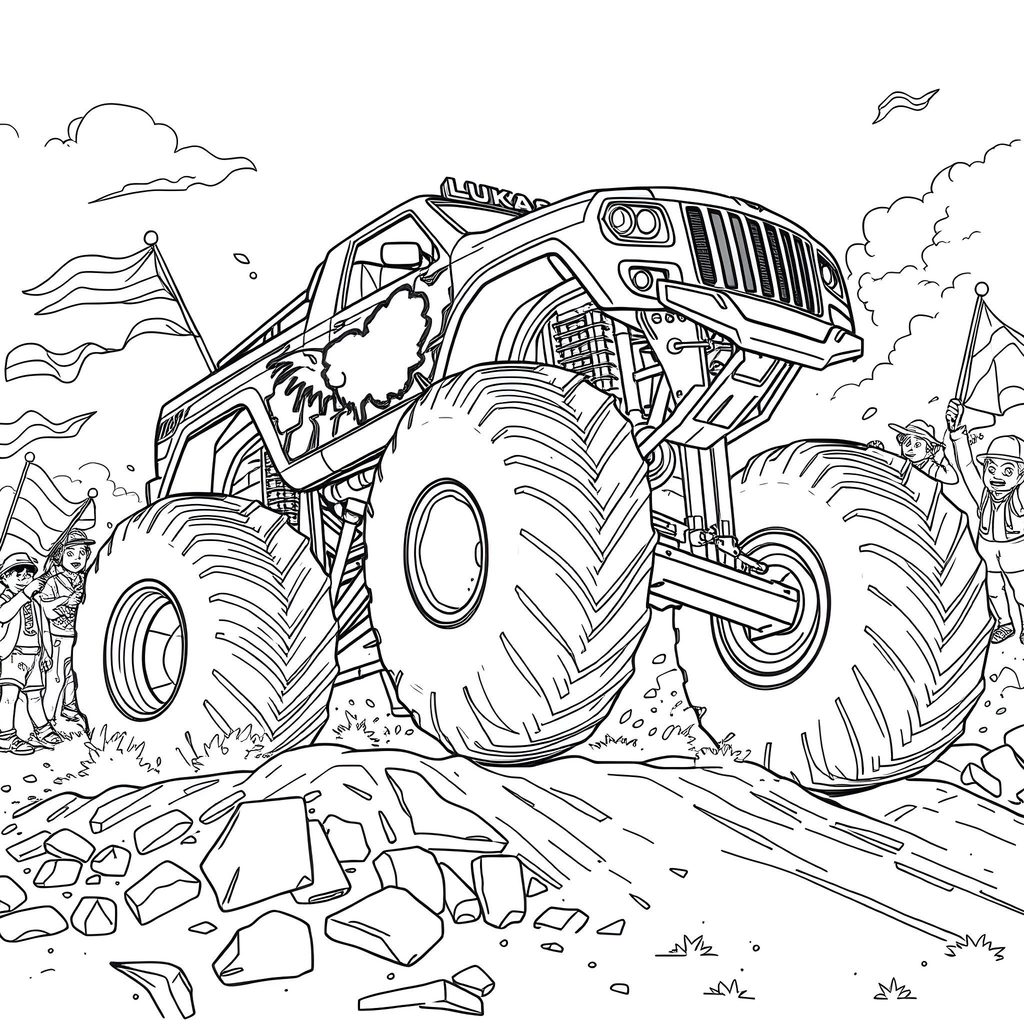 Monster Truck Crushing Rocks in Action Coloring Page (free black-and-white line drawing printable PDF for all, from beginners to advanced learners, including children, teens, adults, and seniors)