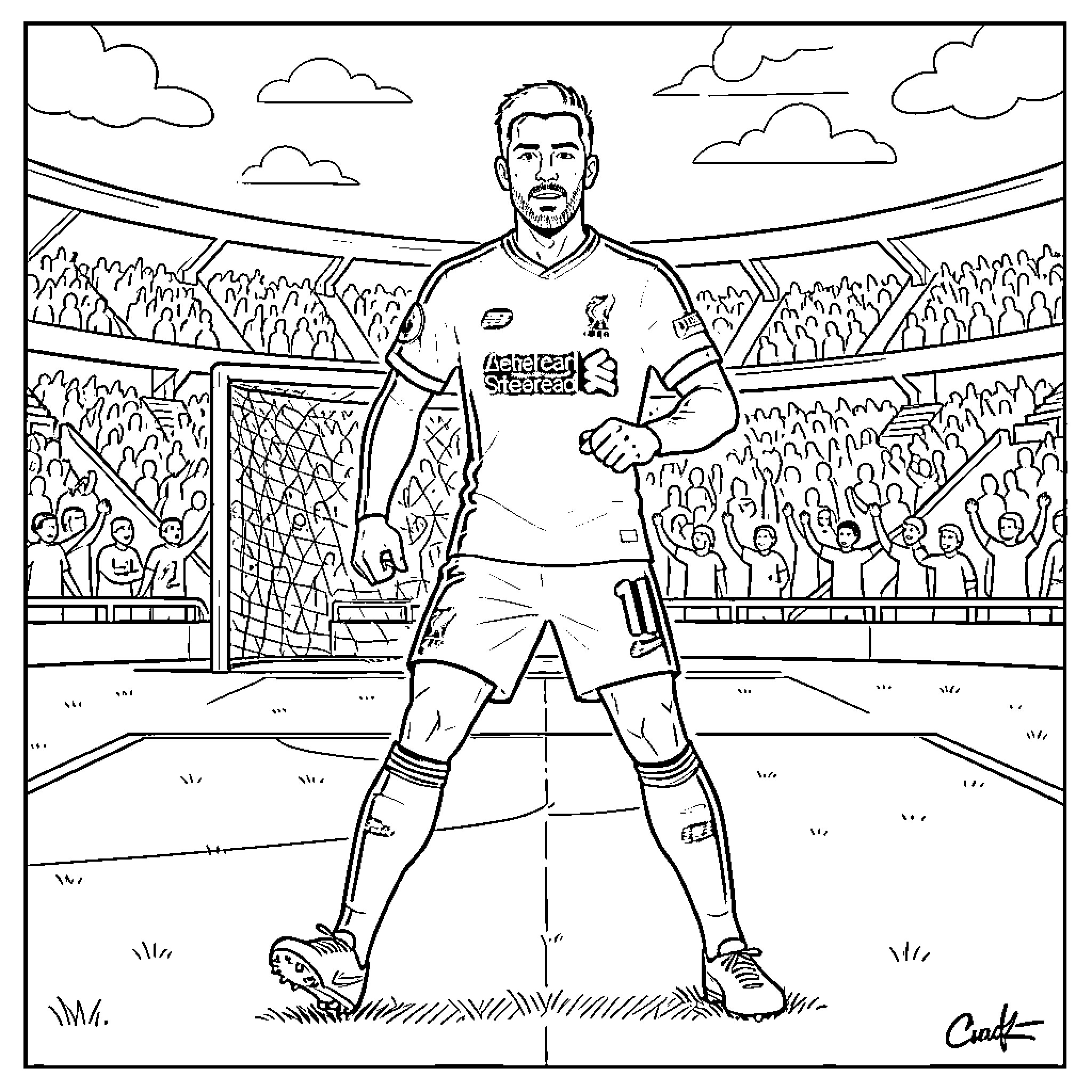Liverpool FC Player Celebrating Victory on the Field Coloring Page (free black-and-white line drawing printable PDF for all, from beginners to advanced learners, including children, teens, adults, and seniors)