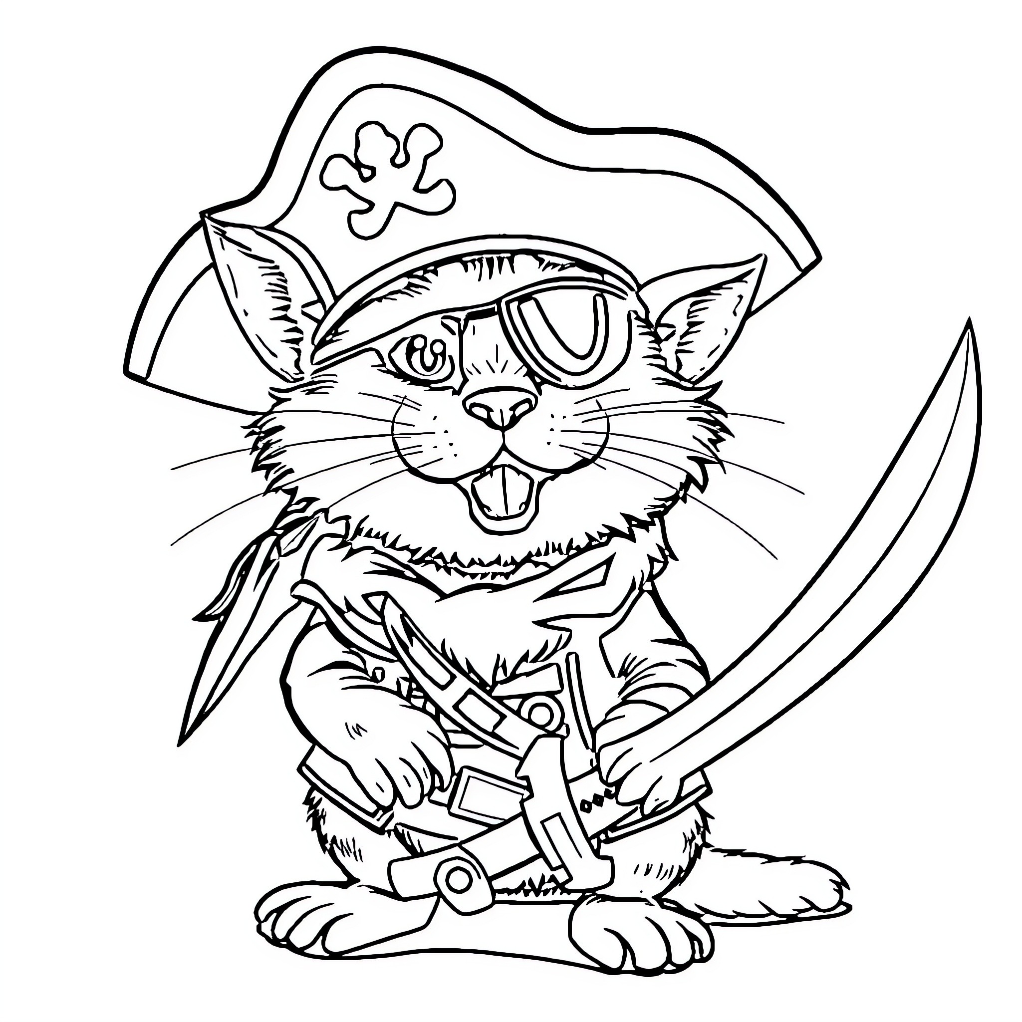CatRat pirate with sword and hat Coloring Page (free black-and-white line drawing printable PDF for all, from beginners to advanced learners, including children, teens, adults, and seniors)